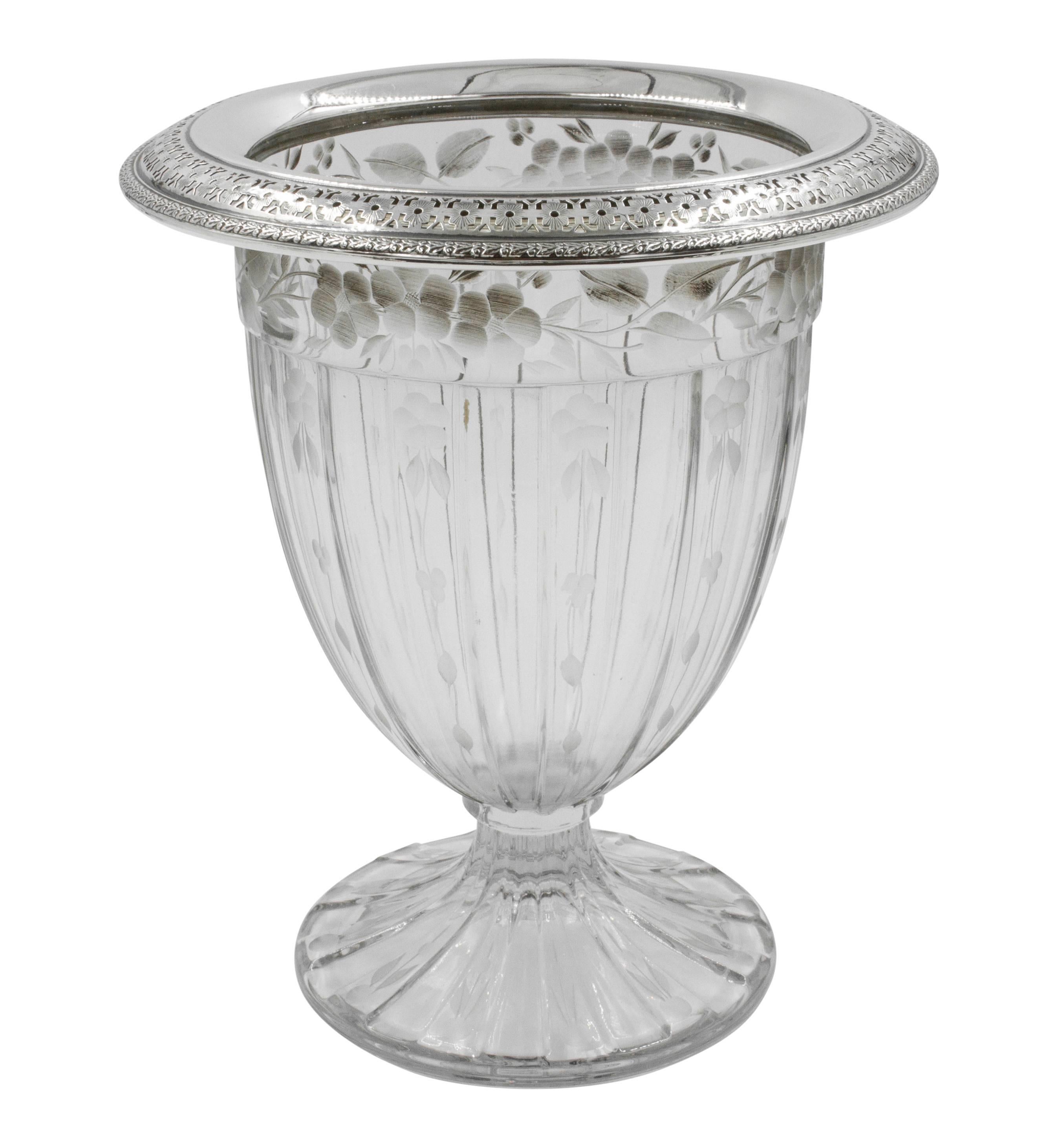 Sterling Silver Crystal Urn and Under-Plate with Sterling Rim