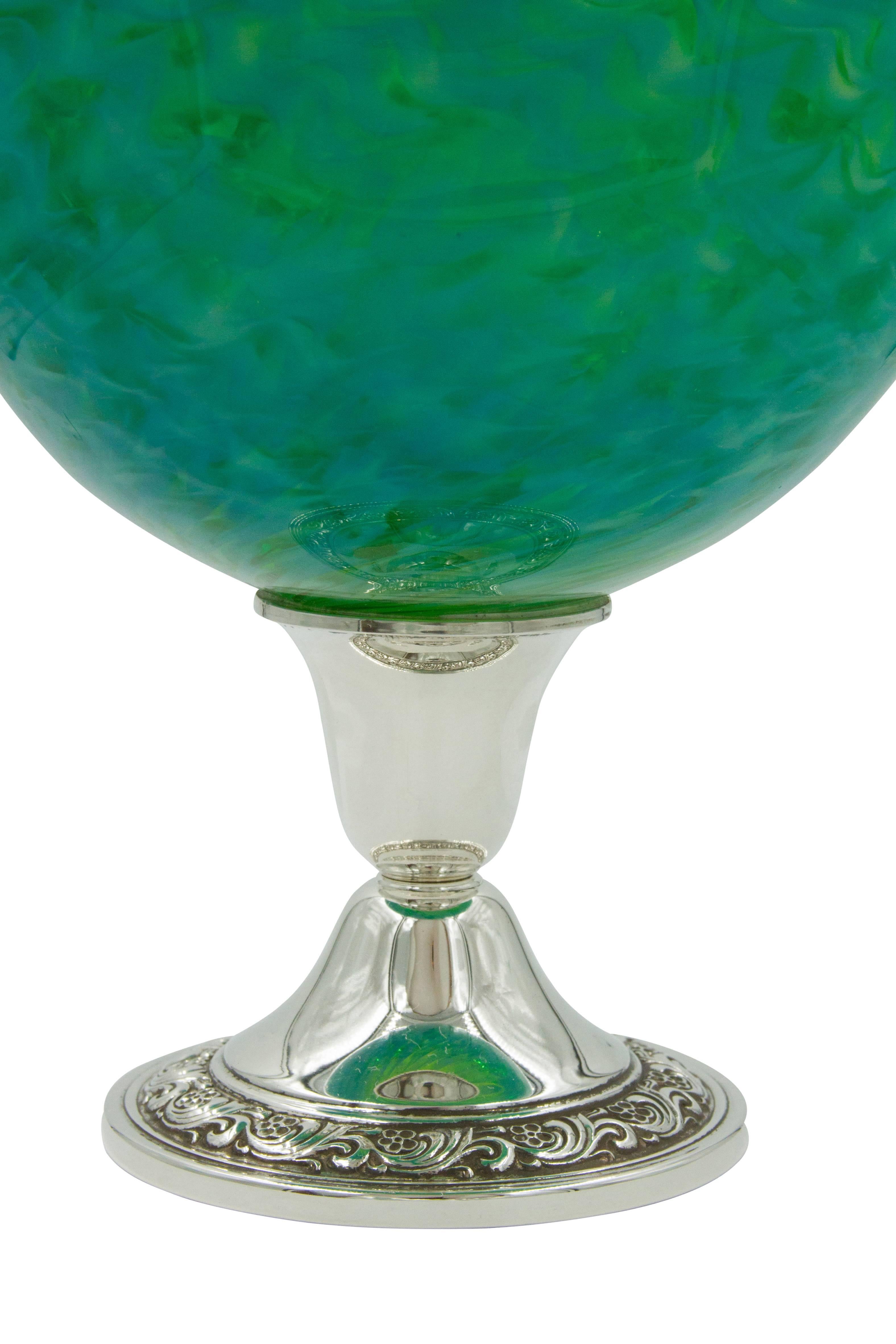 American Pair of Colored Glass Bowls on Sterling Base