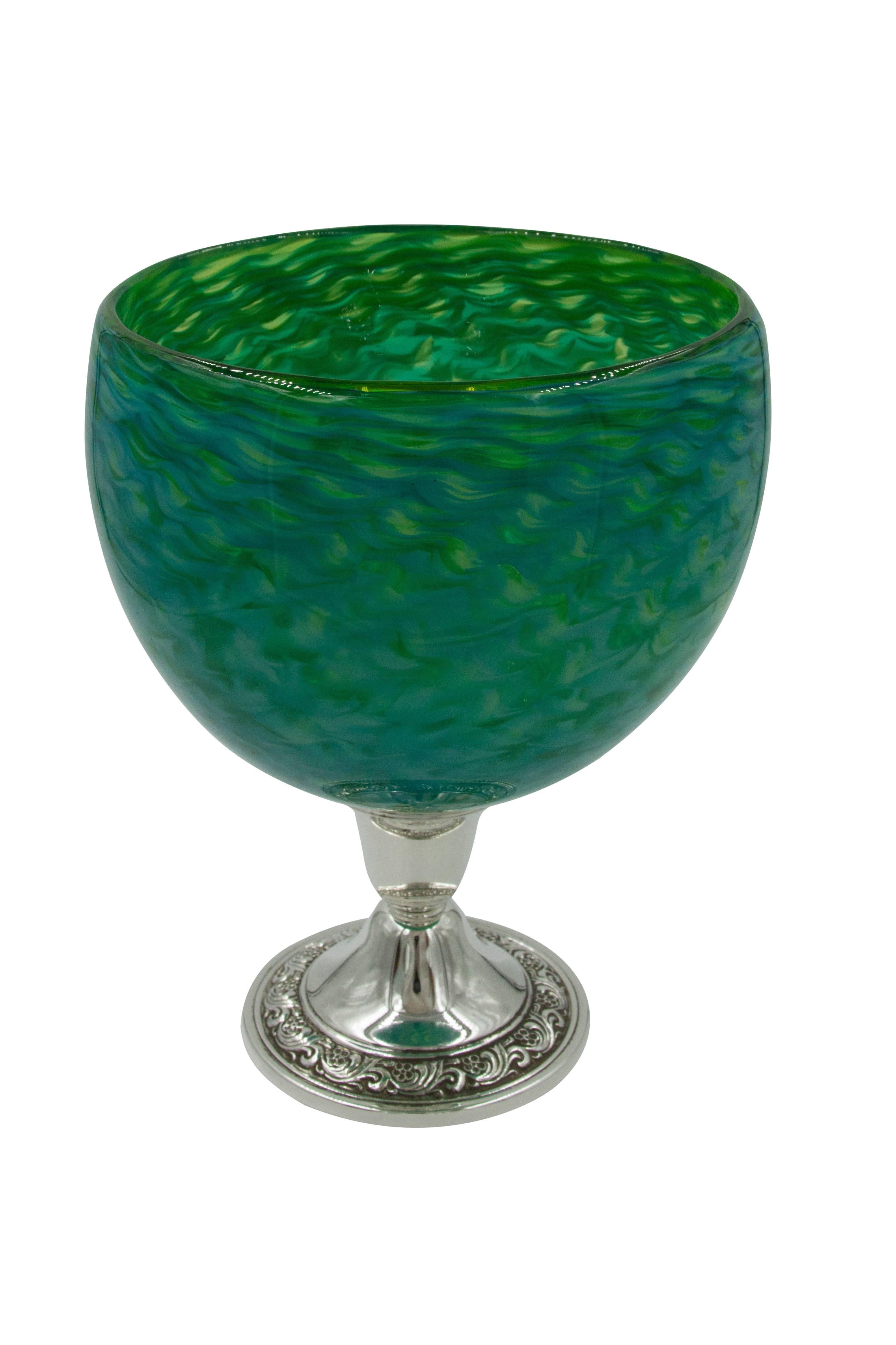 Mid-20th Century Pair of Colored Glass Bowls on Sterling Base