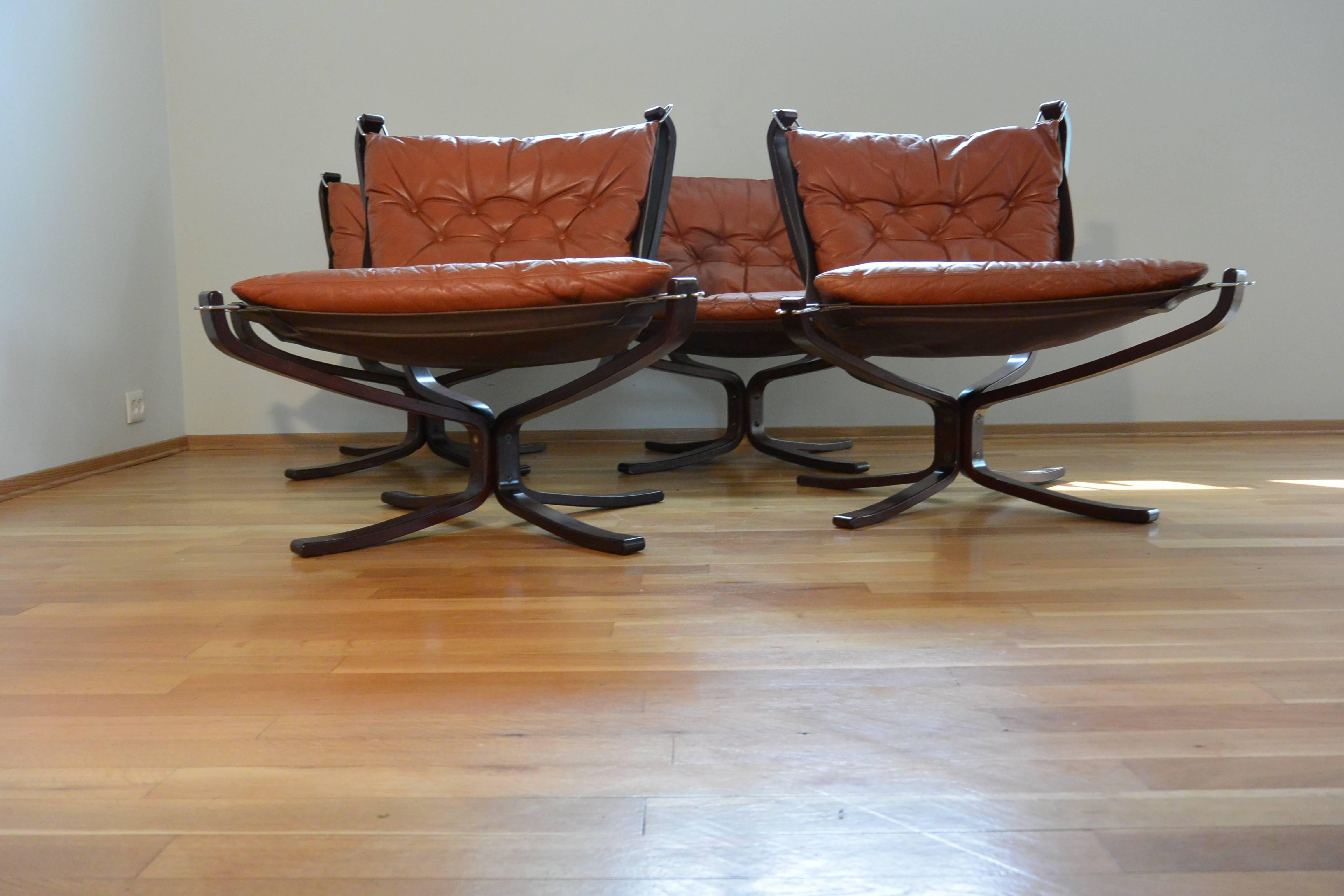 Laminated Cognac Falcon Chair Set of Four Vatne Mobler Norway