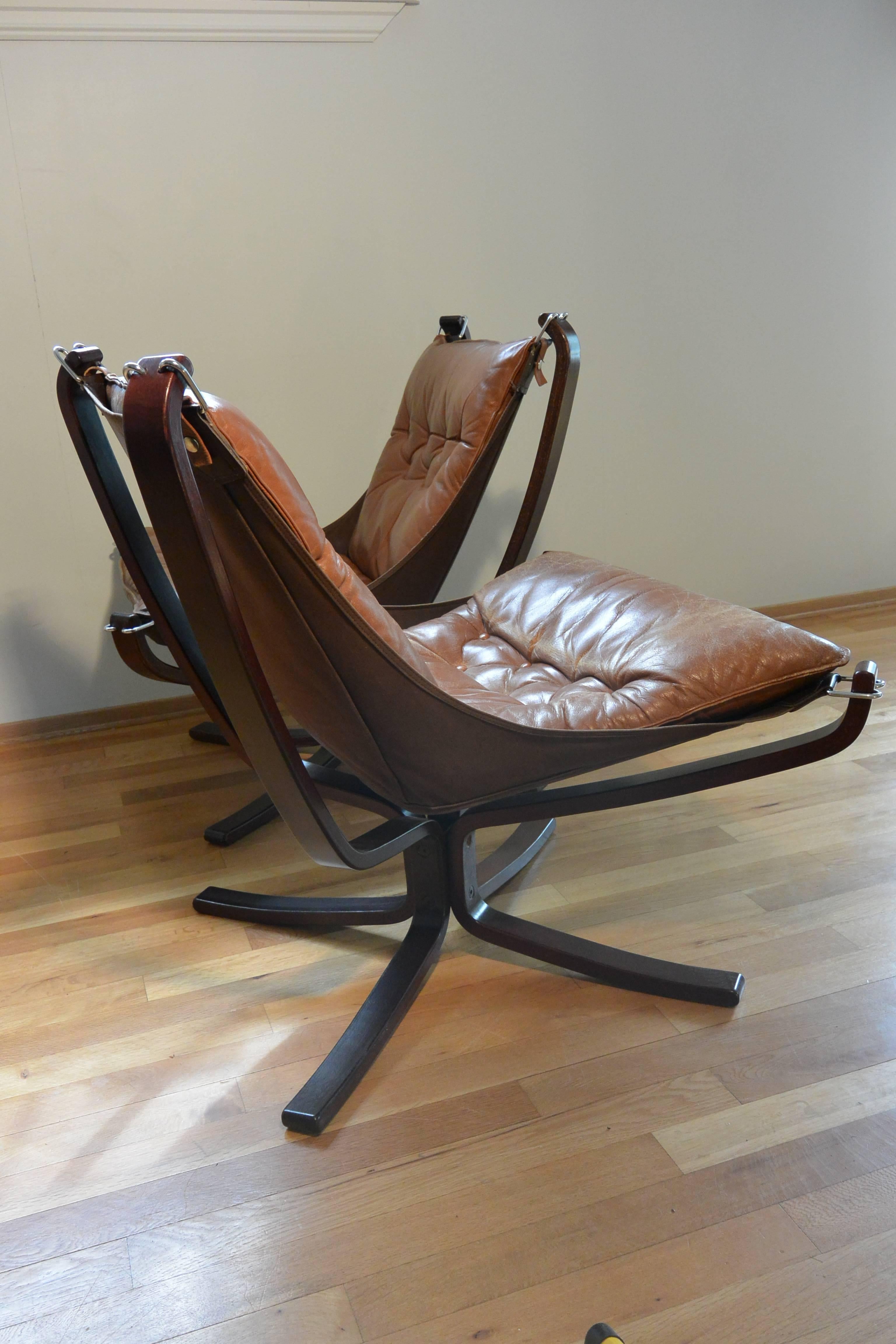 Norwegian Brown Falcon Chair Pair with Patina