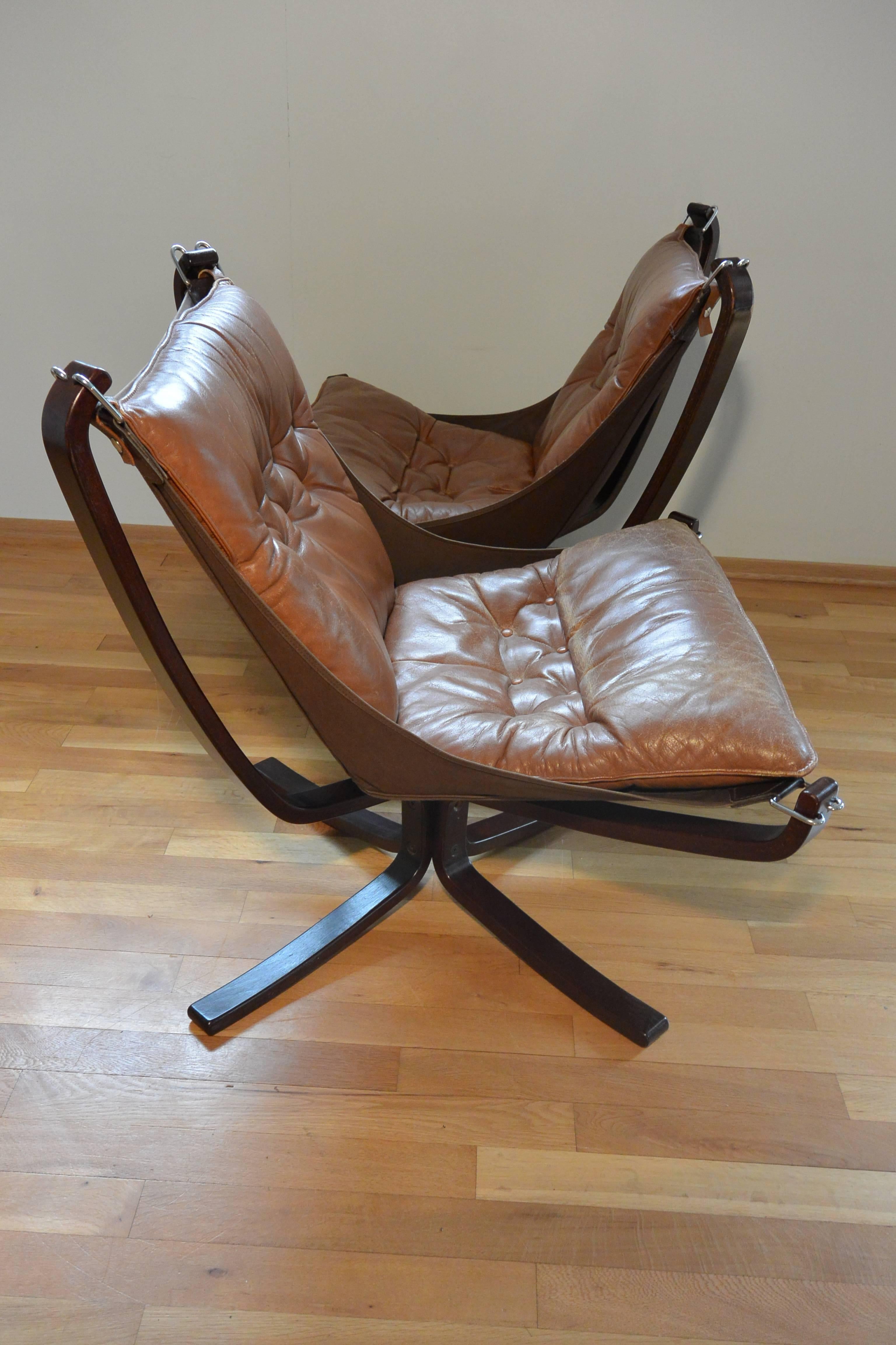 Laminated Brown Falcon Chair Pair with Patina