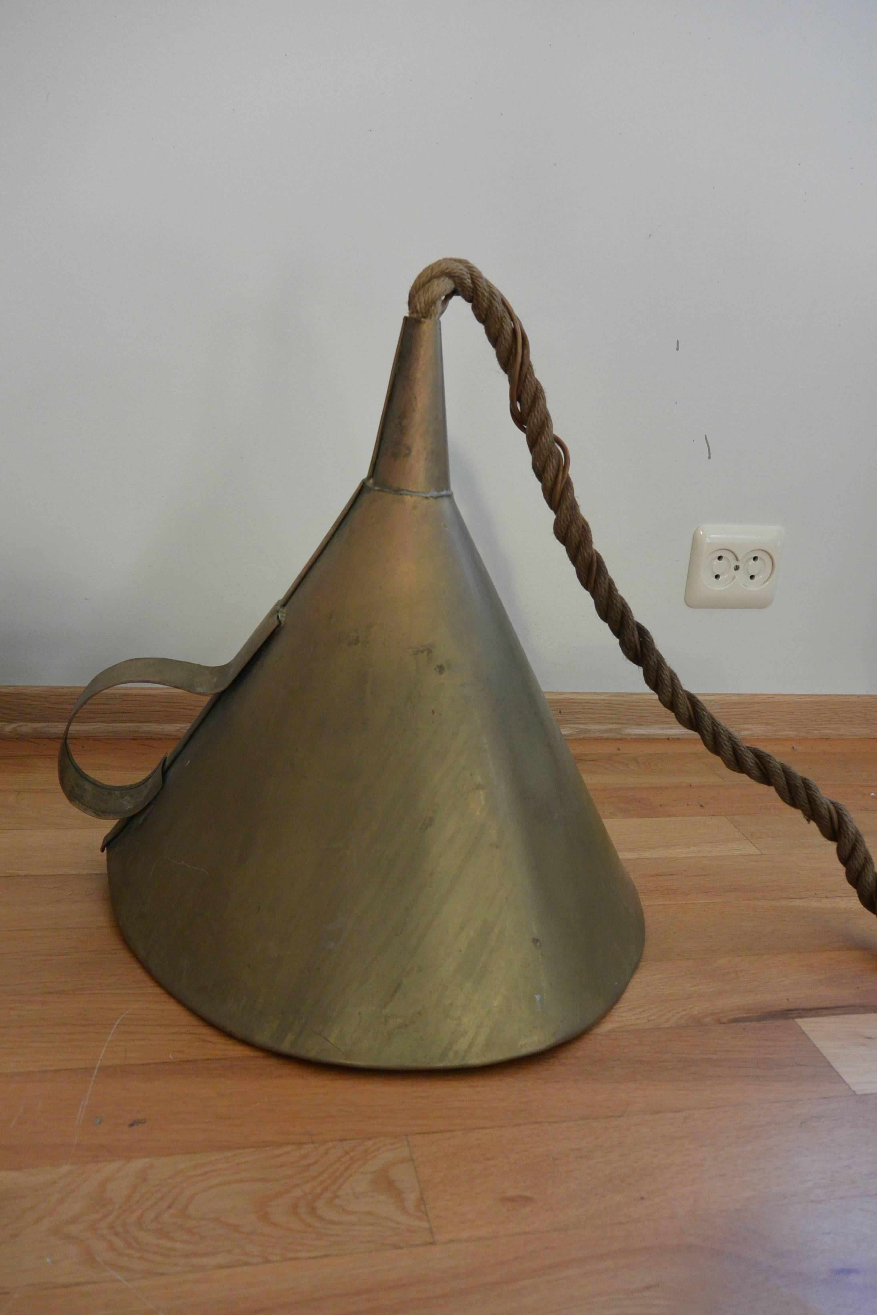 Industrial 1970s Brass and Rope Funnel Pendant Lamp Shades