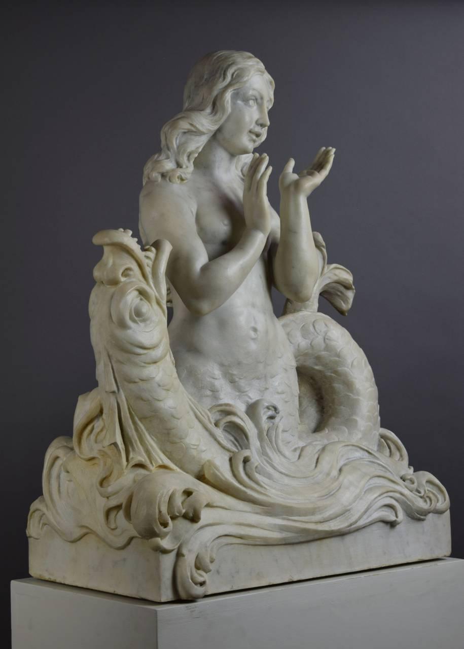 Baroque Style Marble Sculpture of a Mermaid with Dolphin In Good Condition In New York, NY