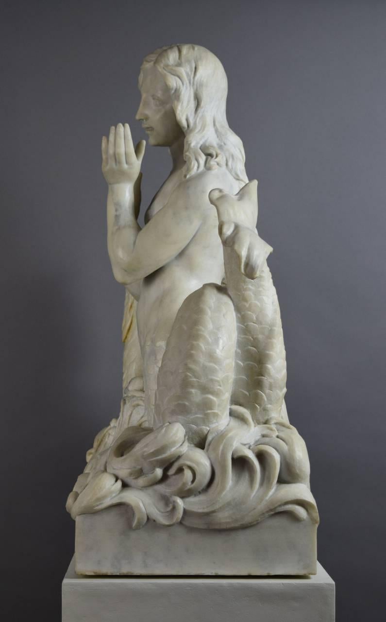 20th Century Baroque Style Marble Sculpture of a Mermaid with Dolphin