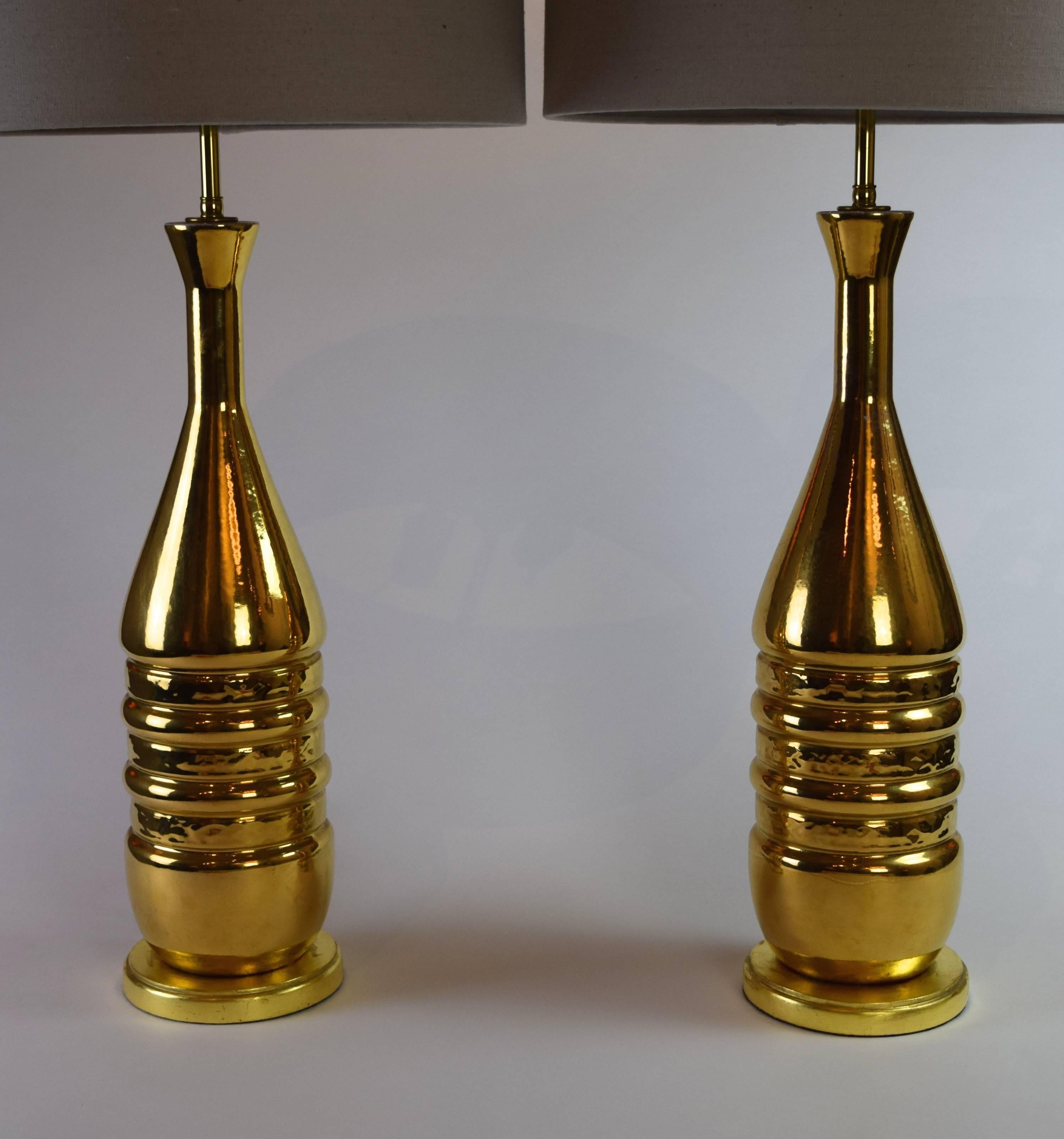 20th Century Pair of Tall Mid-Century Modern Gilt Ceramic Lamps For Sale