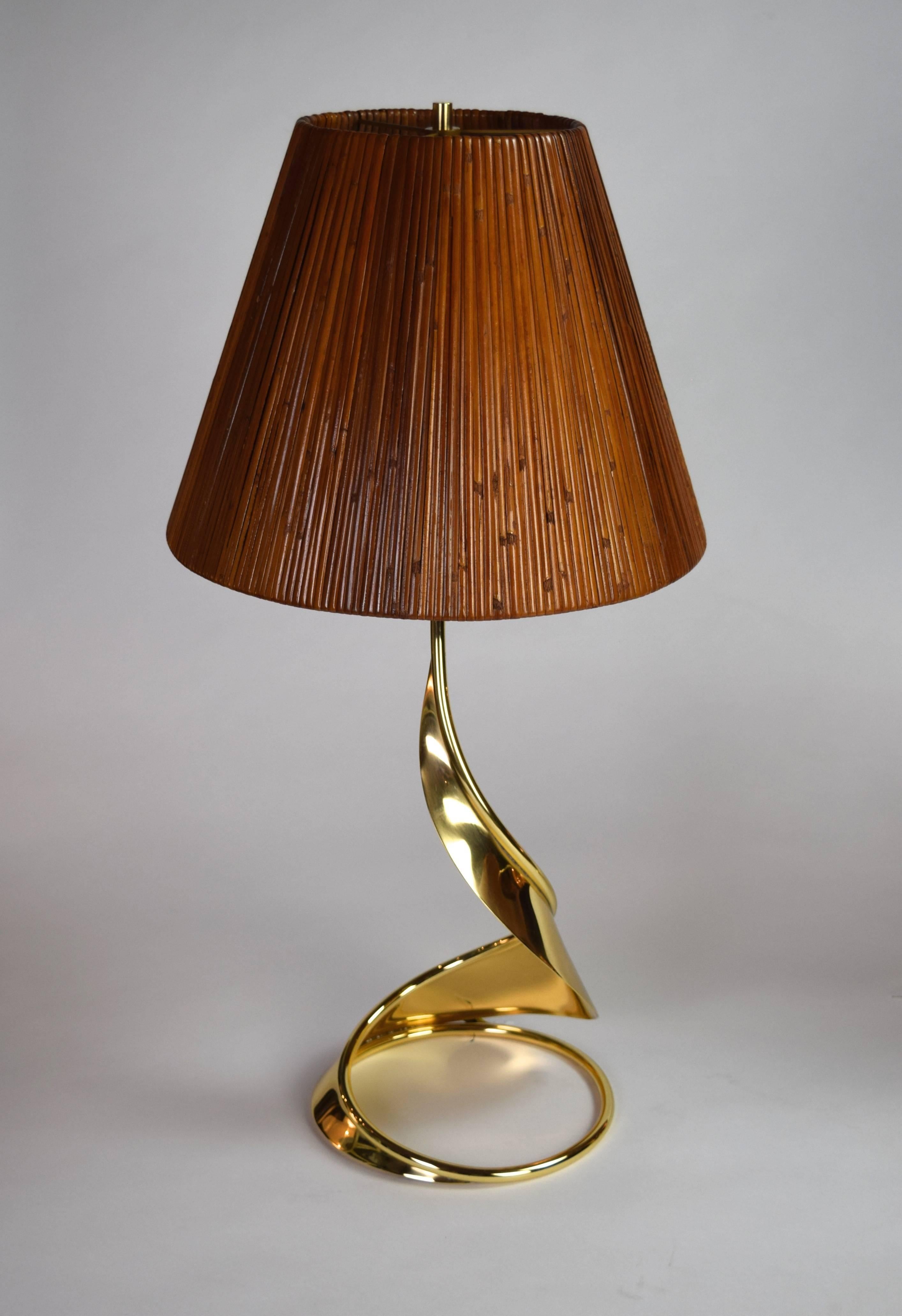 American Pair of Brass Spiral Lamps with Bamboo Shades