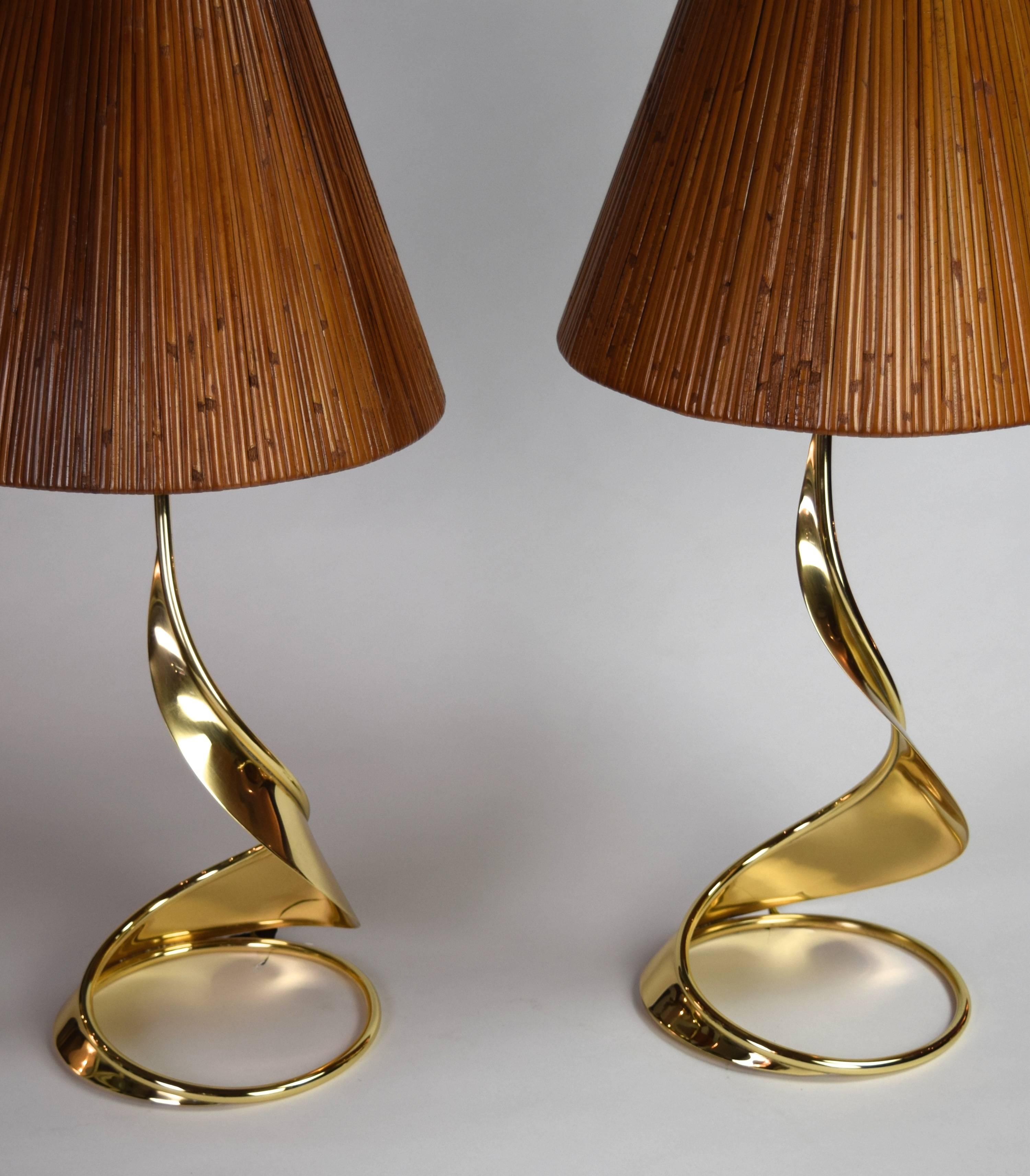 Late 20th Century Pair of Brass Spiral Lamps with Bamboo Shades
