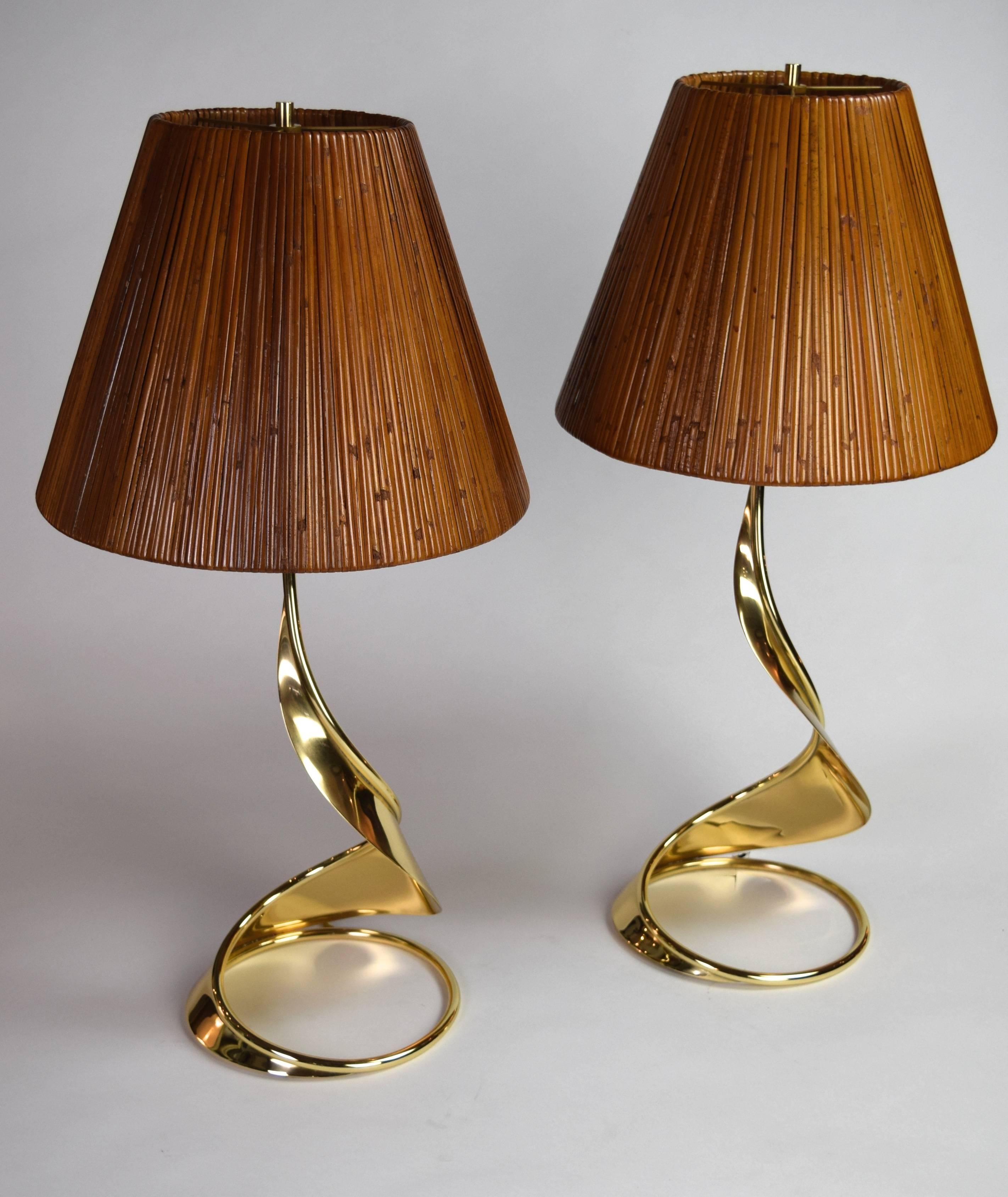 Pair of Brass Spiral Lamps with Bamboo Shades 1