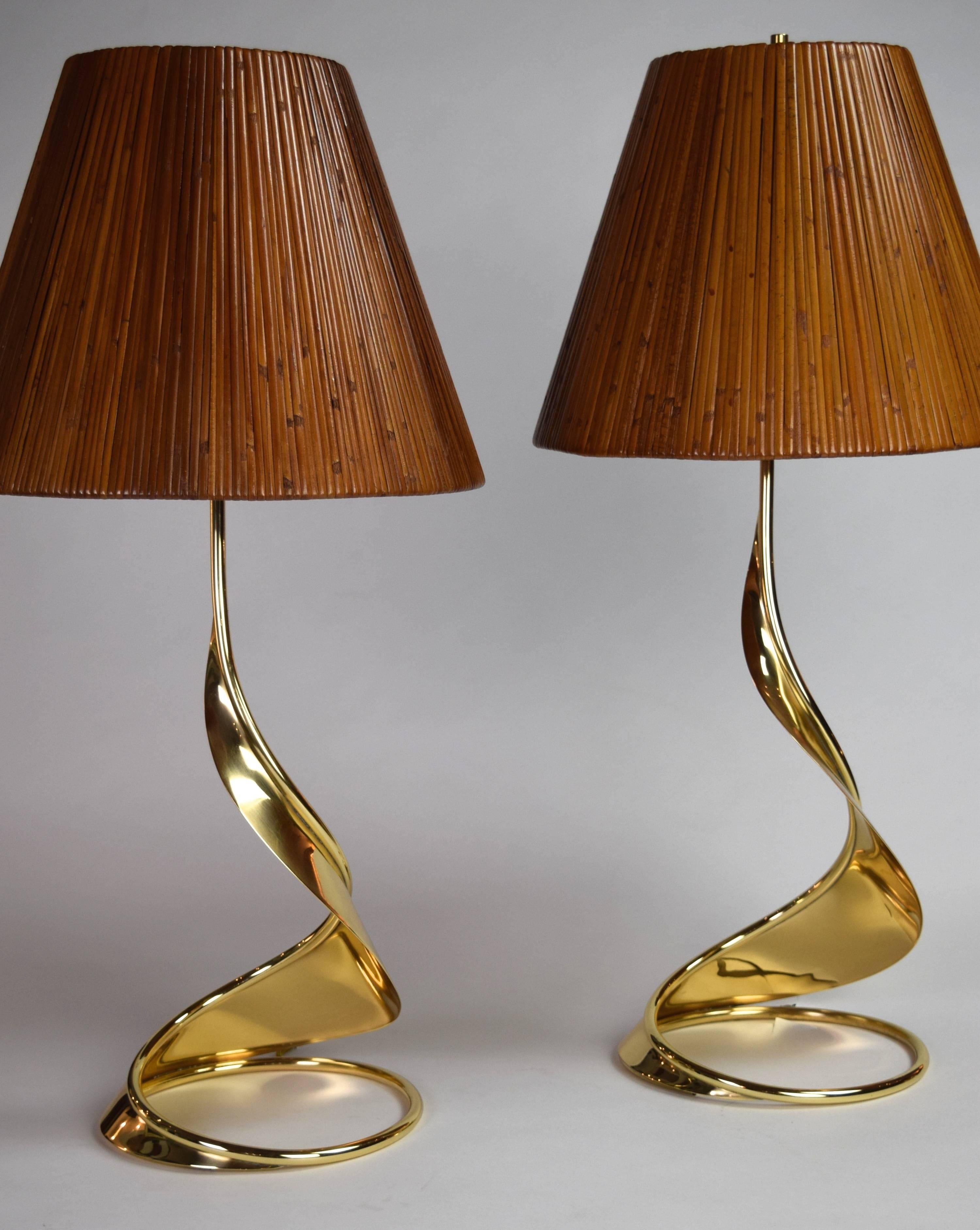 Pair of Brass Spiral Lamps with Bamboo Shades 3