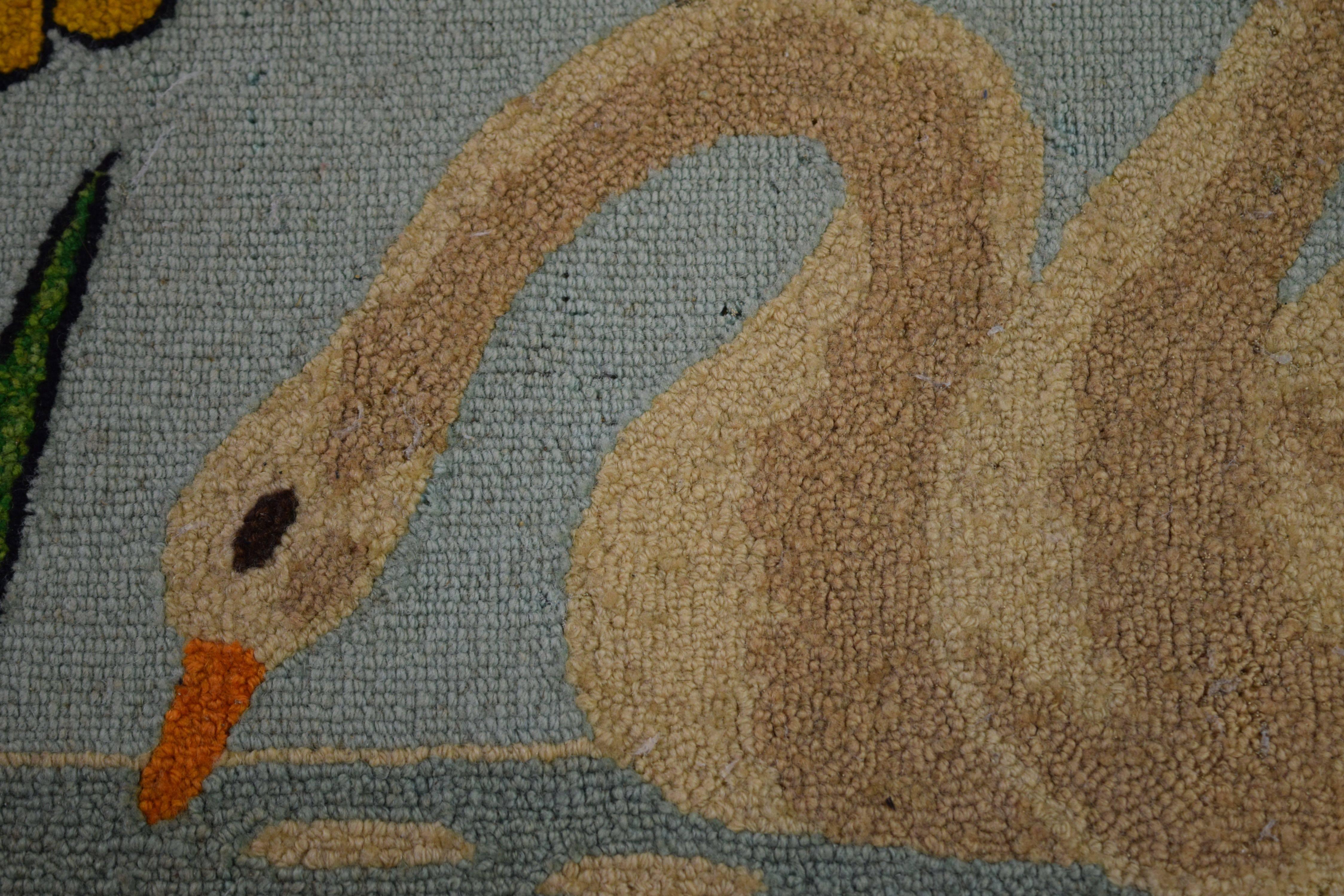 Unknown Folk Art Hooked Mat of a Pair of Swans For Sale