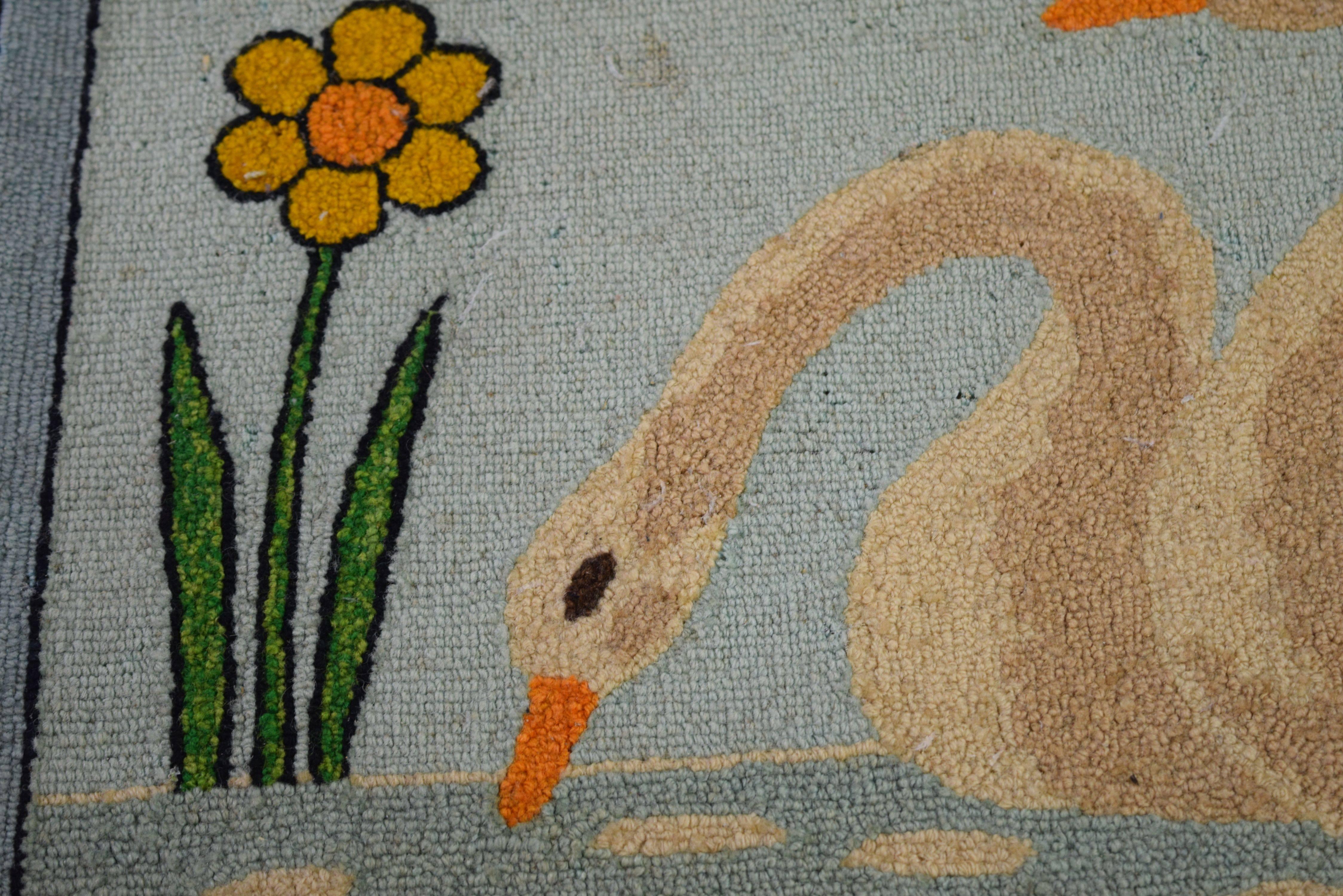 Needlework Folk Art Hooked Mat of a Pair of Swans For Sale