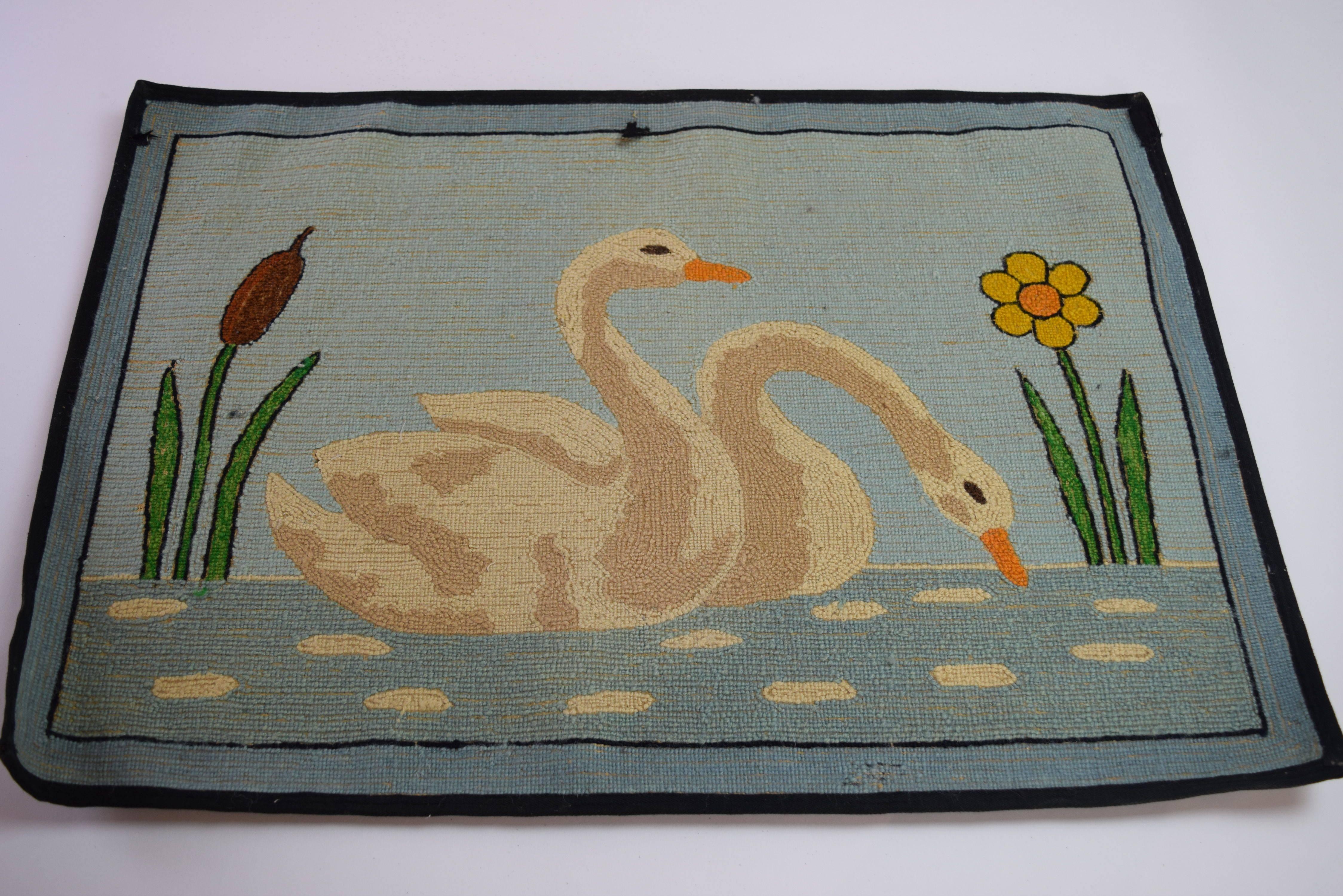 20th Century Folk Art Hooked Mat of a Pair of Swans For Sale
