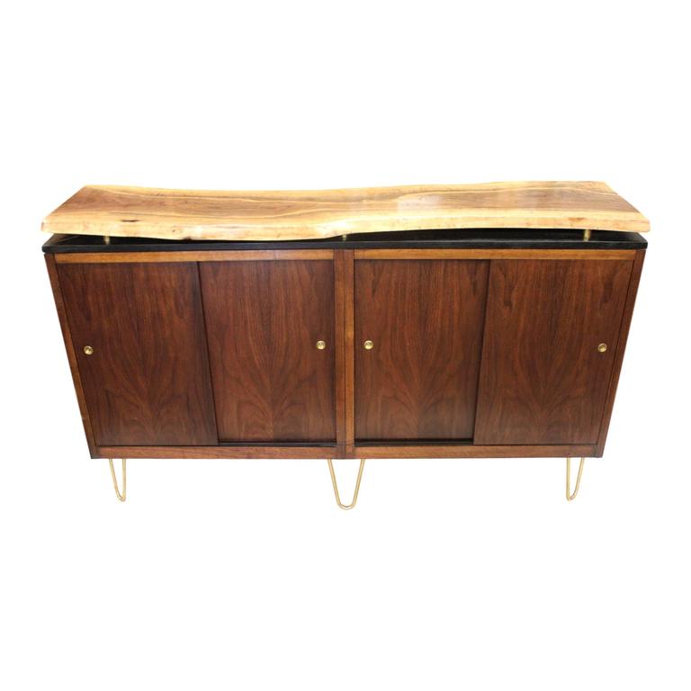 Custom Vintage MidCentury Modern LiveEdge Walnut Slab Top Credenza TV