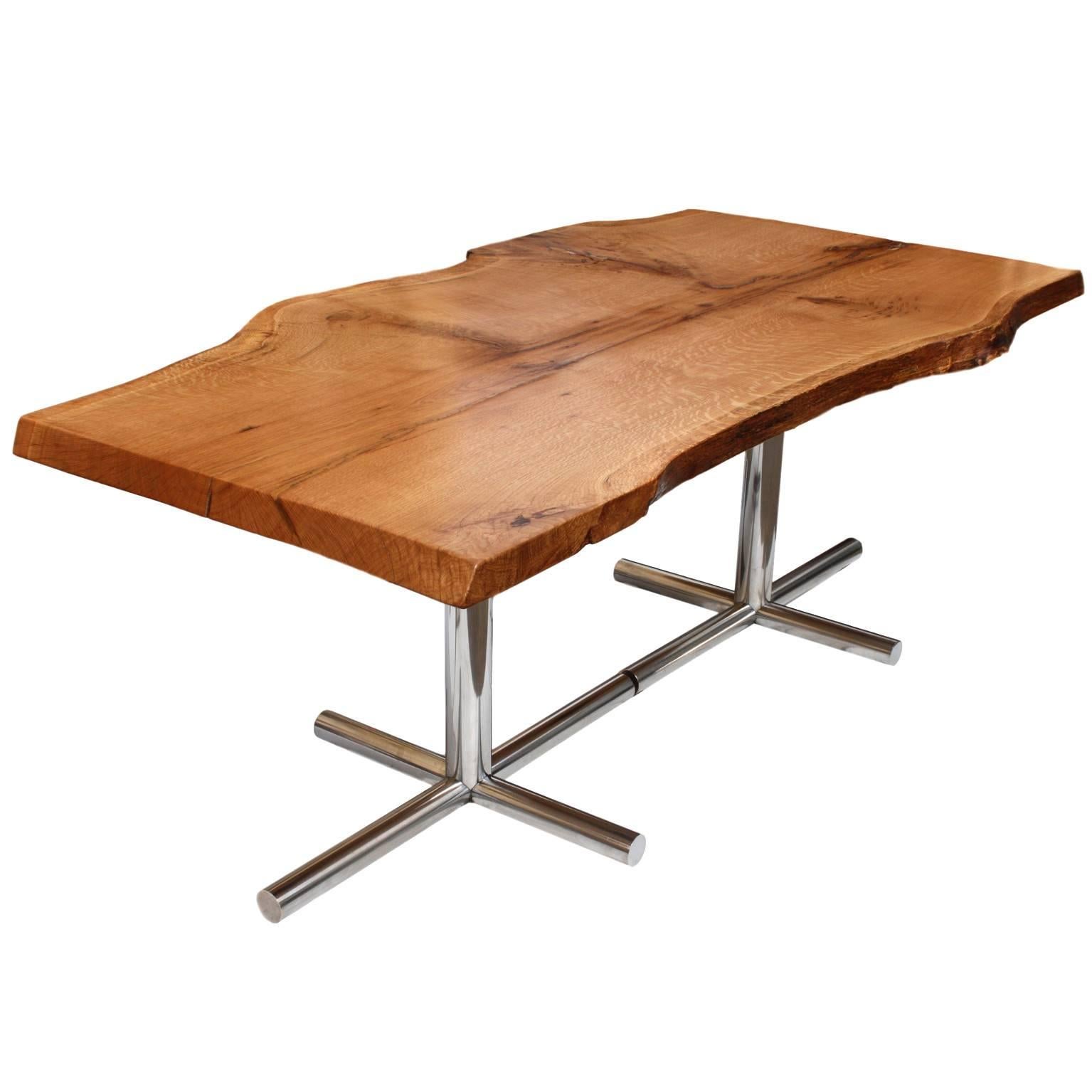 Solid Live-Edge Oak Dining Table with Vintage Mid-Century Modern Chrome Legs