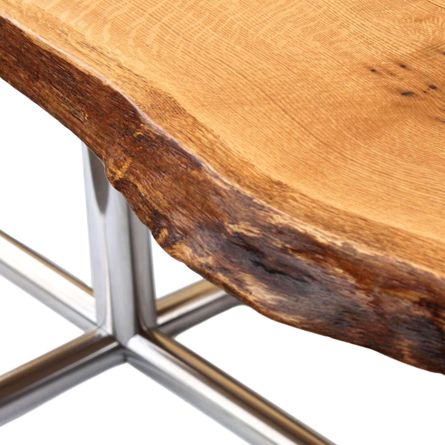 American Solid Live-Edge Oak Dining Table with Vintage Mid-Century Modern Chrome Legs