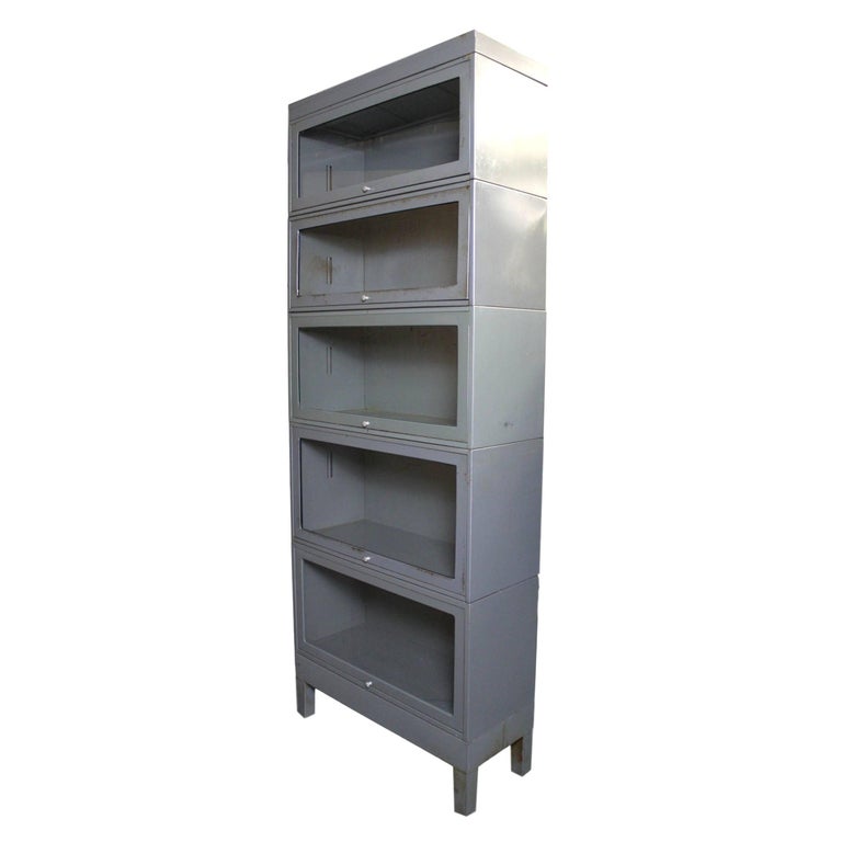 Vintage 1960s Industrial Five Stack Gray Metal Barrister Bookcase at