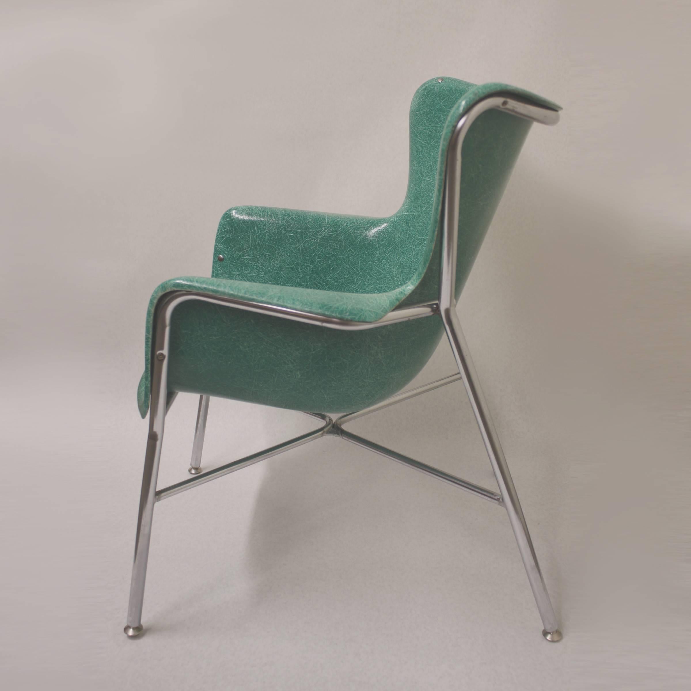 Molded Vintage Mid-Century Modern Green Fiberglass Wingback Arm Side Chair