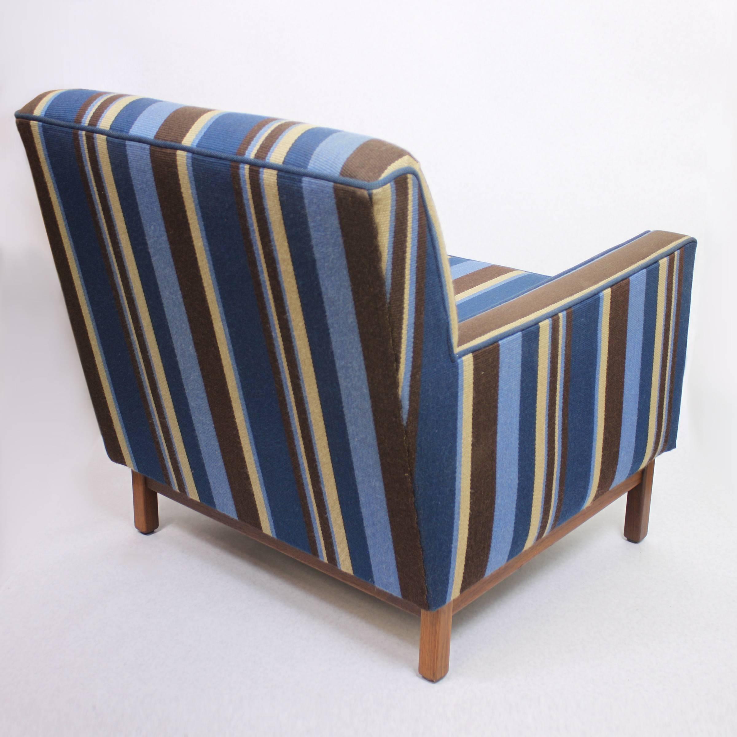 American Spectacular Pair of Mid-Century Modern Blue Striped Lounge Chairs by Gunlocke