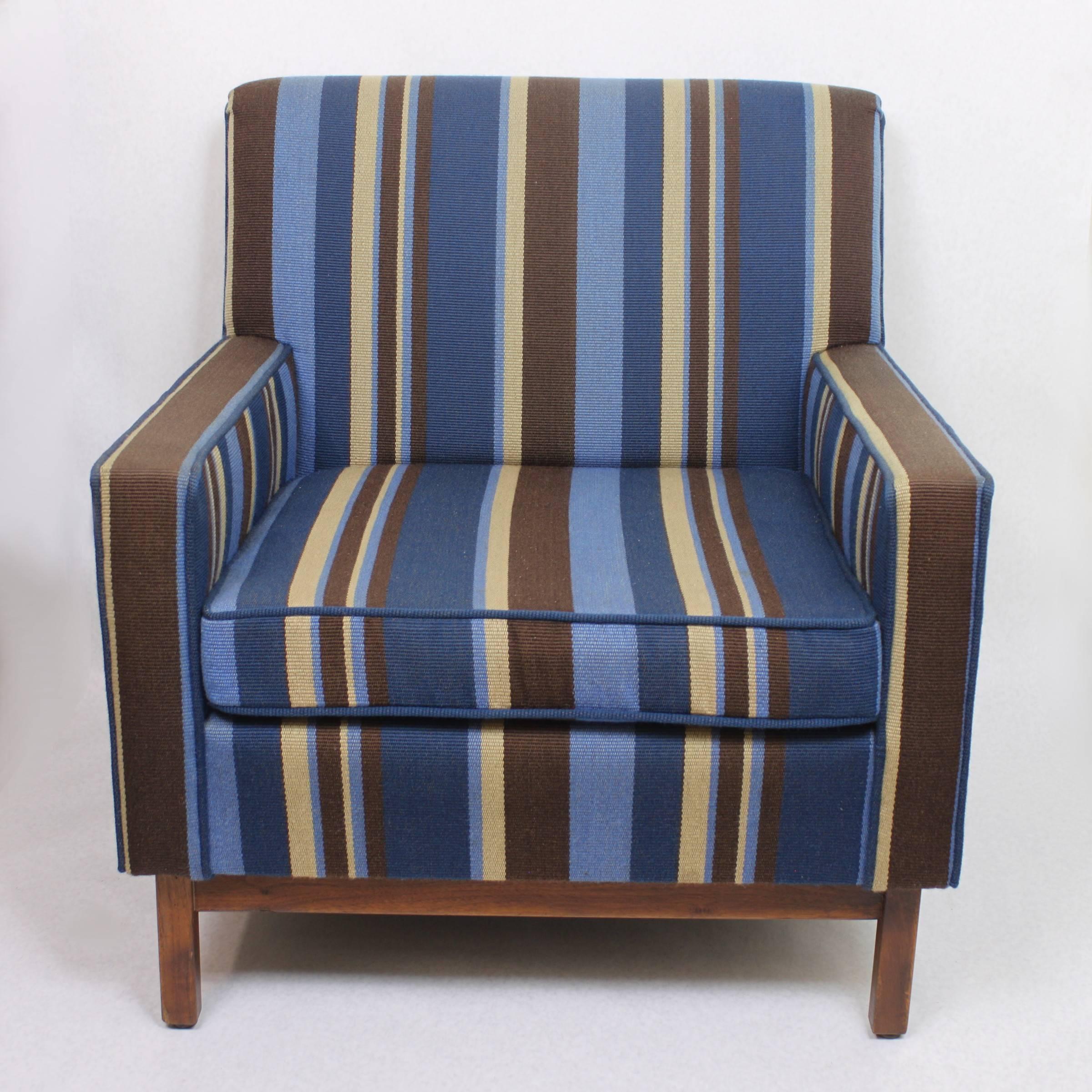 Mid-20th Century Spectacular Pair of Mid-Century Modern Blue Striped Lounge Chairs by Gunlocke