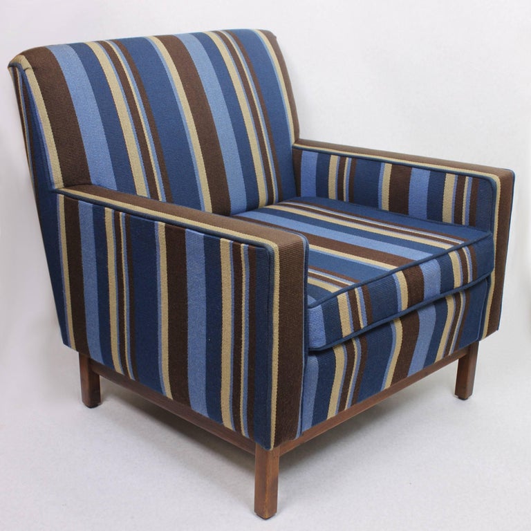 Spectacular Pair of Mid-Century Modern Blue Striped Lounge Chairs by