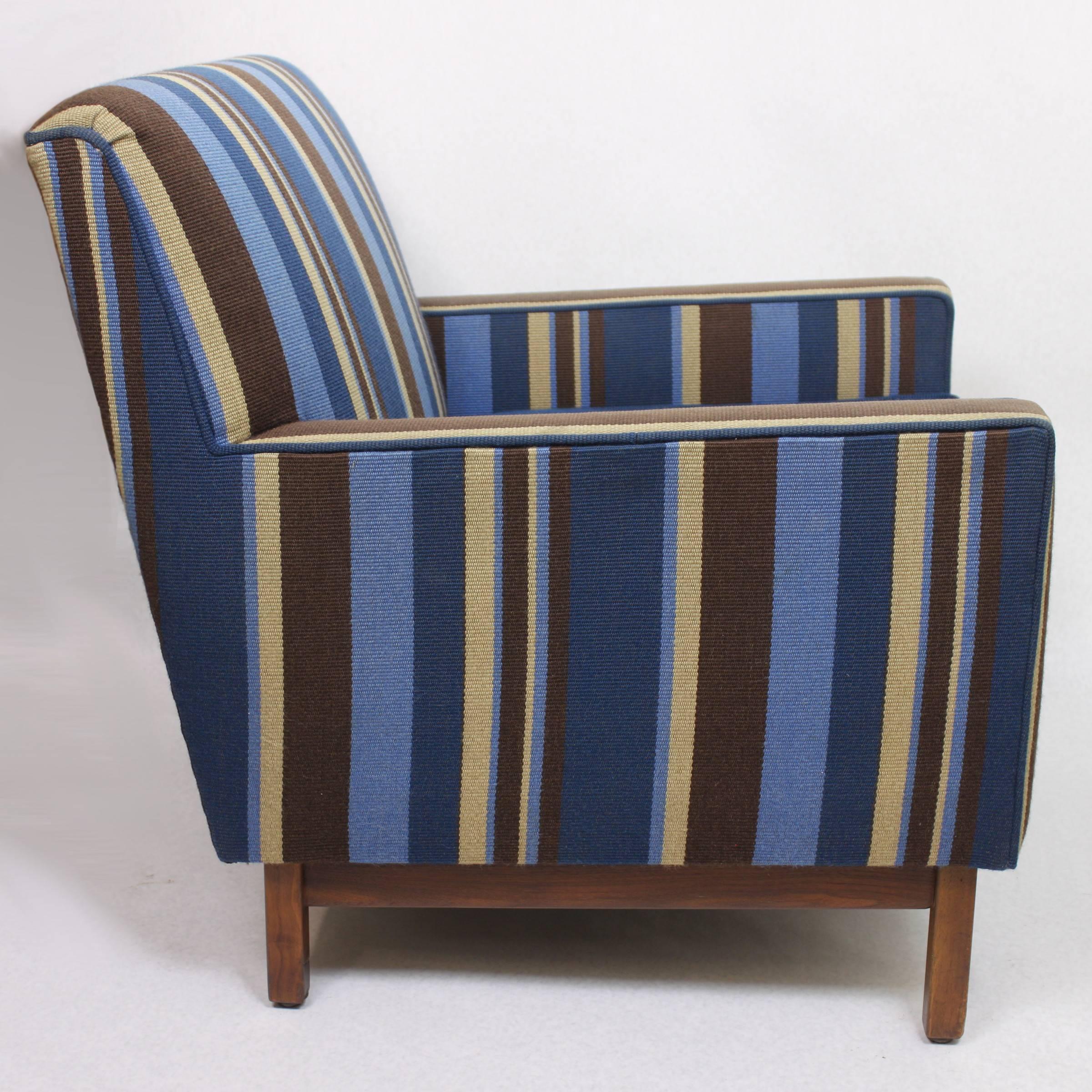Upholstery Spectacular Pair of Mid-Century Modern Blue Striped Lounge Chairs by Gunlocke