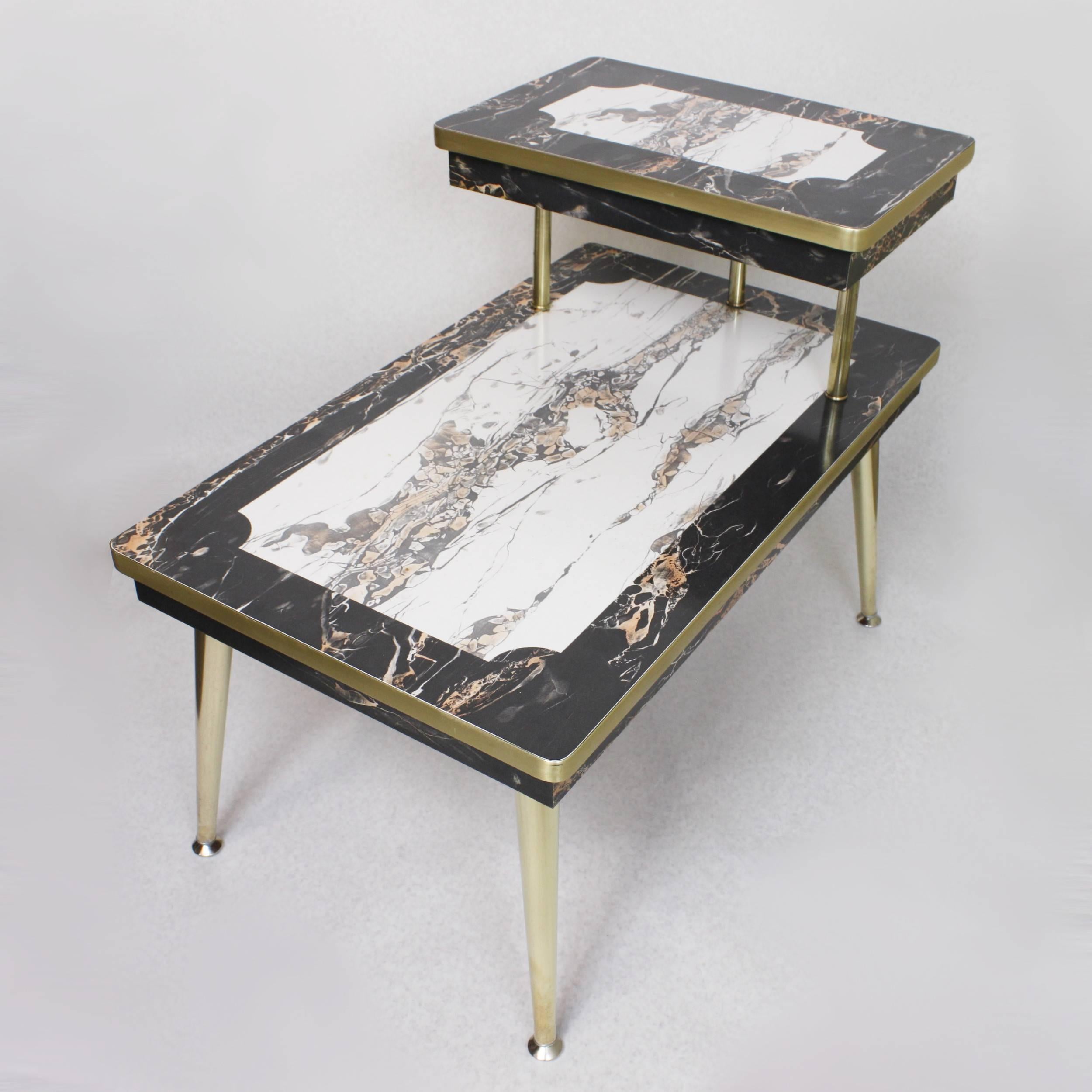 American Pair of Matching Mid-Century Modern Black & White Faux-Marble & Brass End Tables