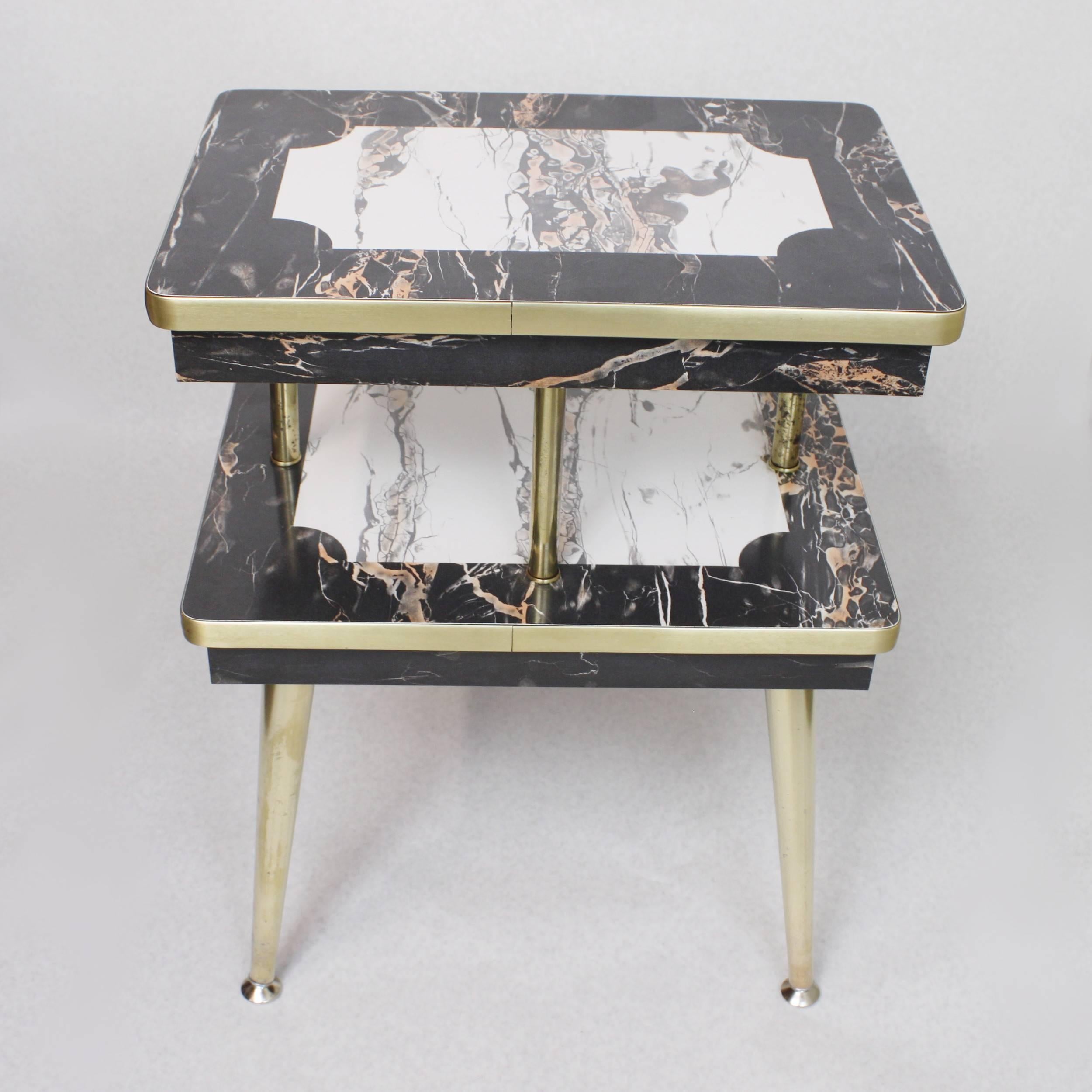 Mid-20th Century Pair of Matching Mid-Century Modern Black & White Faux-Marble & Brass End Tables