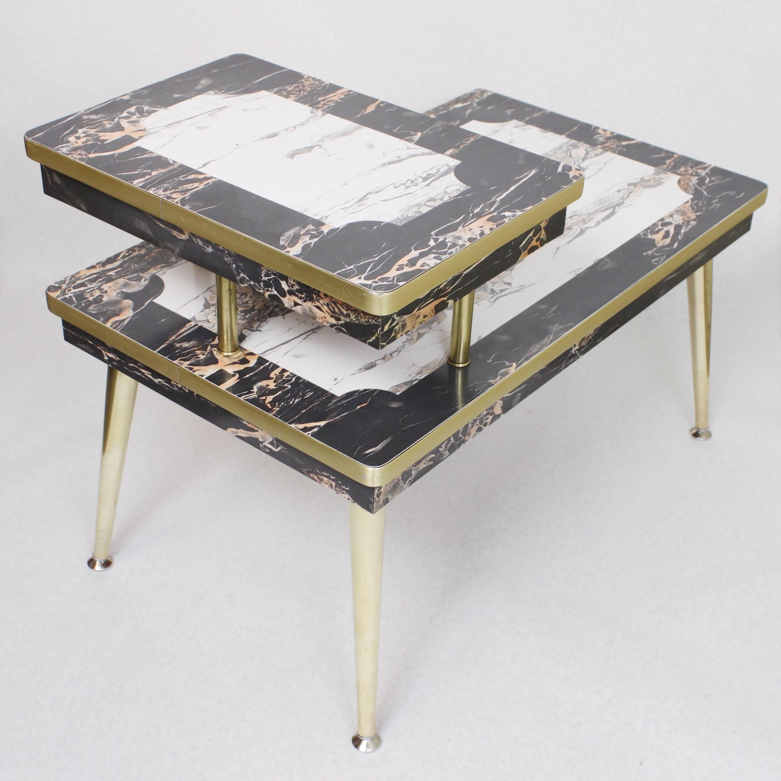 Formica Pair of Matching Mid-Century Modern Black & White Faux-Marble & Brass End Tables