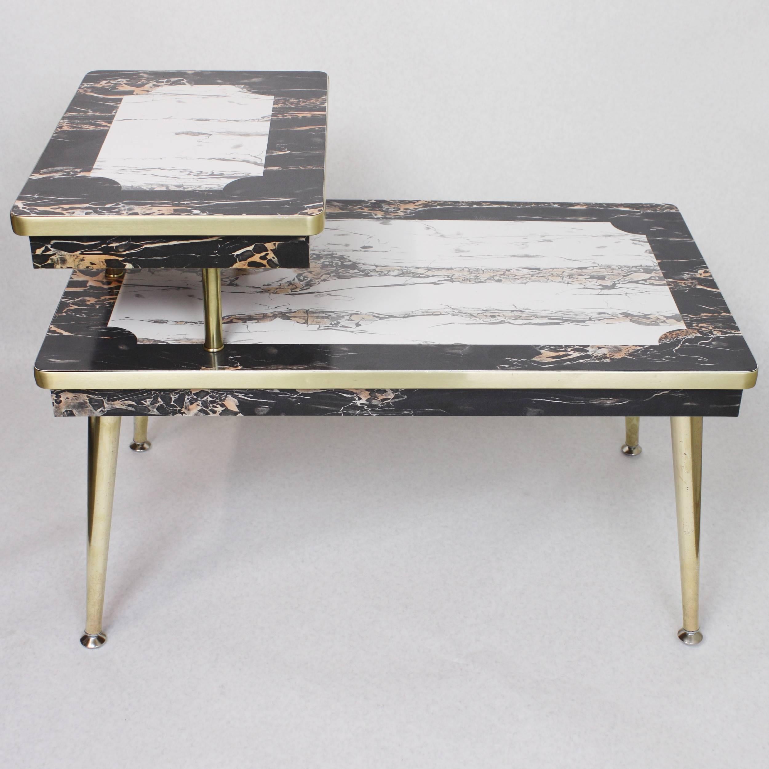 Pair of Matching Mid-Century Modern Black & White Faux-Marble & Brass End Tables 1