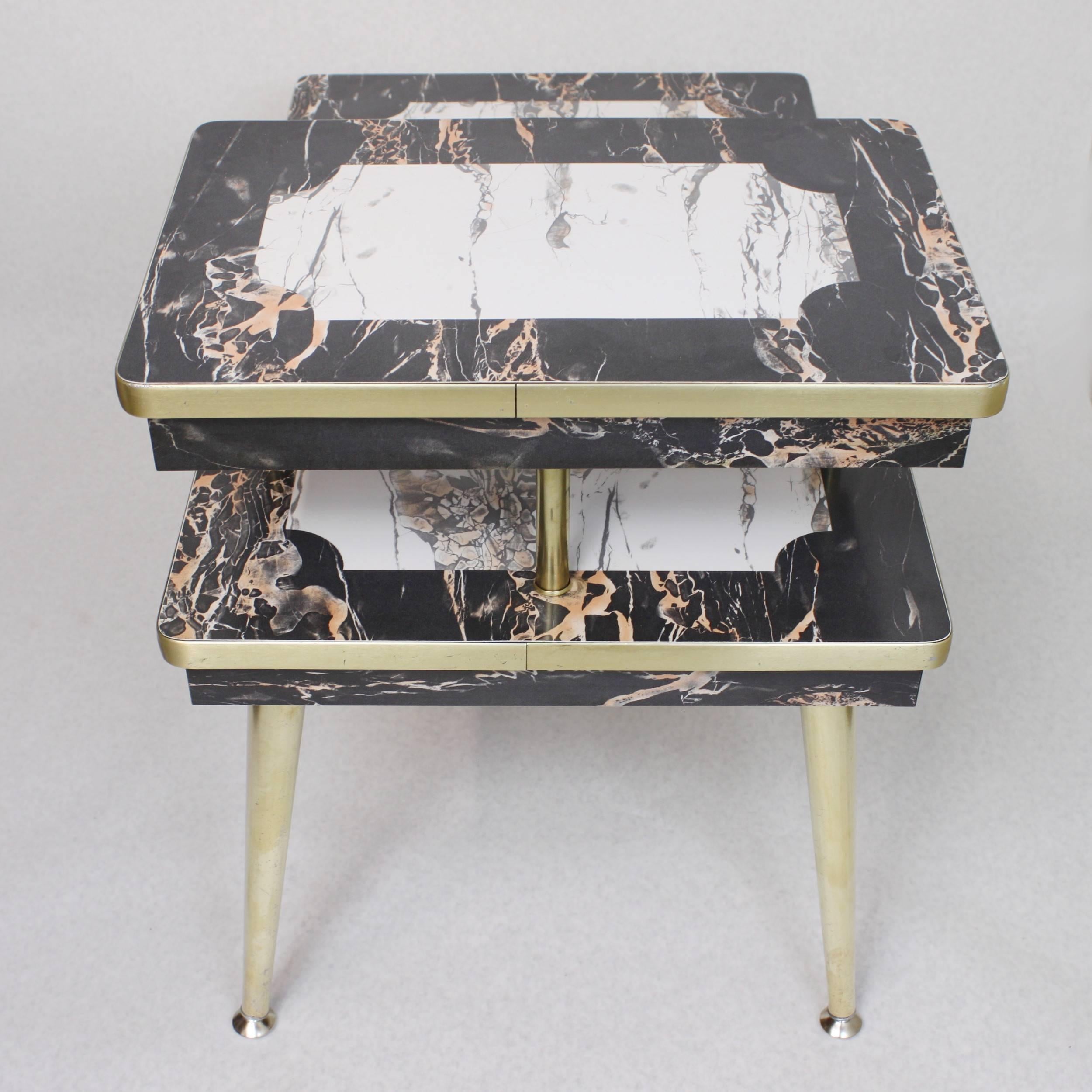 Pair of Matching Mid-Century Modern Black & White Faux-Marble & Brass End Tables 2
