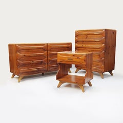 Vintage 1957 Sculpted Pine Mid-Century Modern Bedroom Dresser Suit by Franklin Shockey