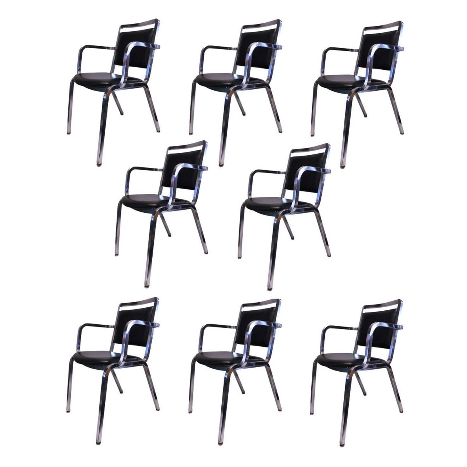Set of Eight Mid-Century Modern Emeco Model 1814 Chrome / Vinyl Dining Chairs