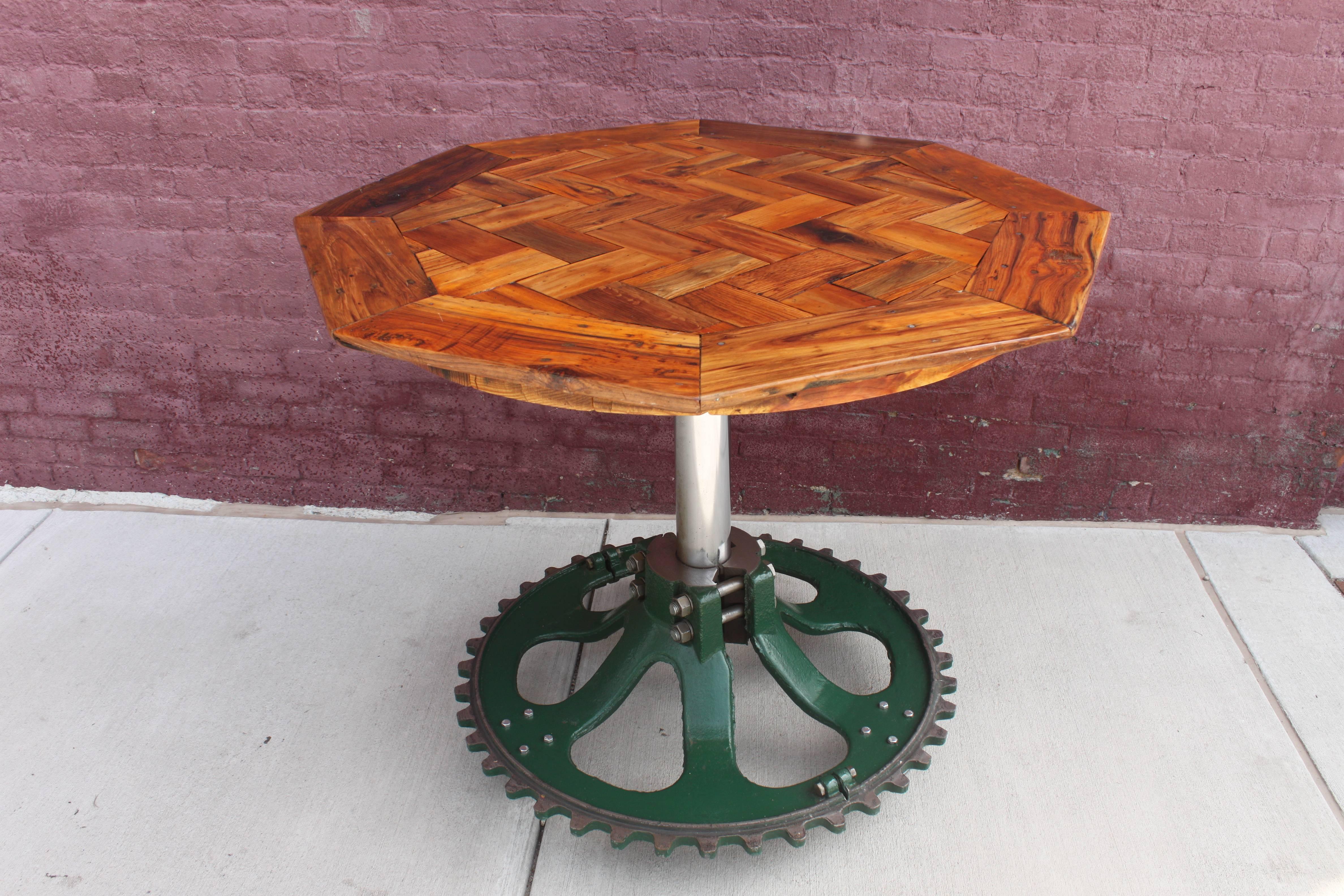This table continues our tradition of transforming interesting industrial artifacts into distinctive, yet fully functional pieces. The base of this table is actually a massive, cast-steel, 34