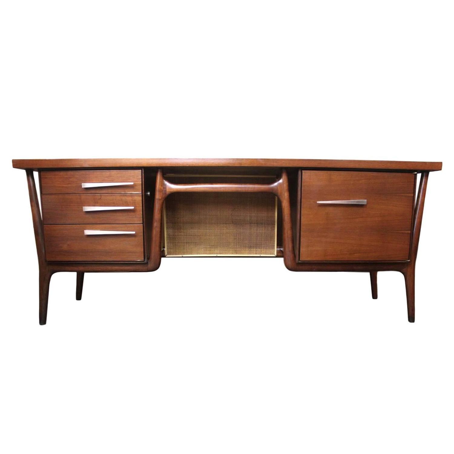 Iconic 1950s Mid Century Modern Walnut Executive Desk By Leopold