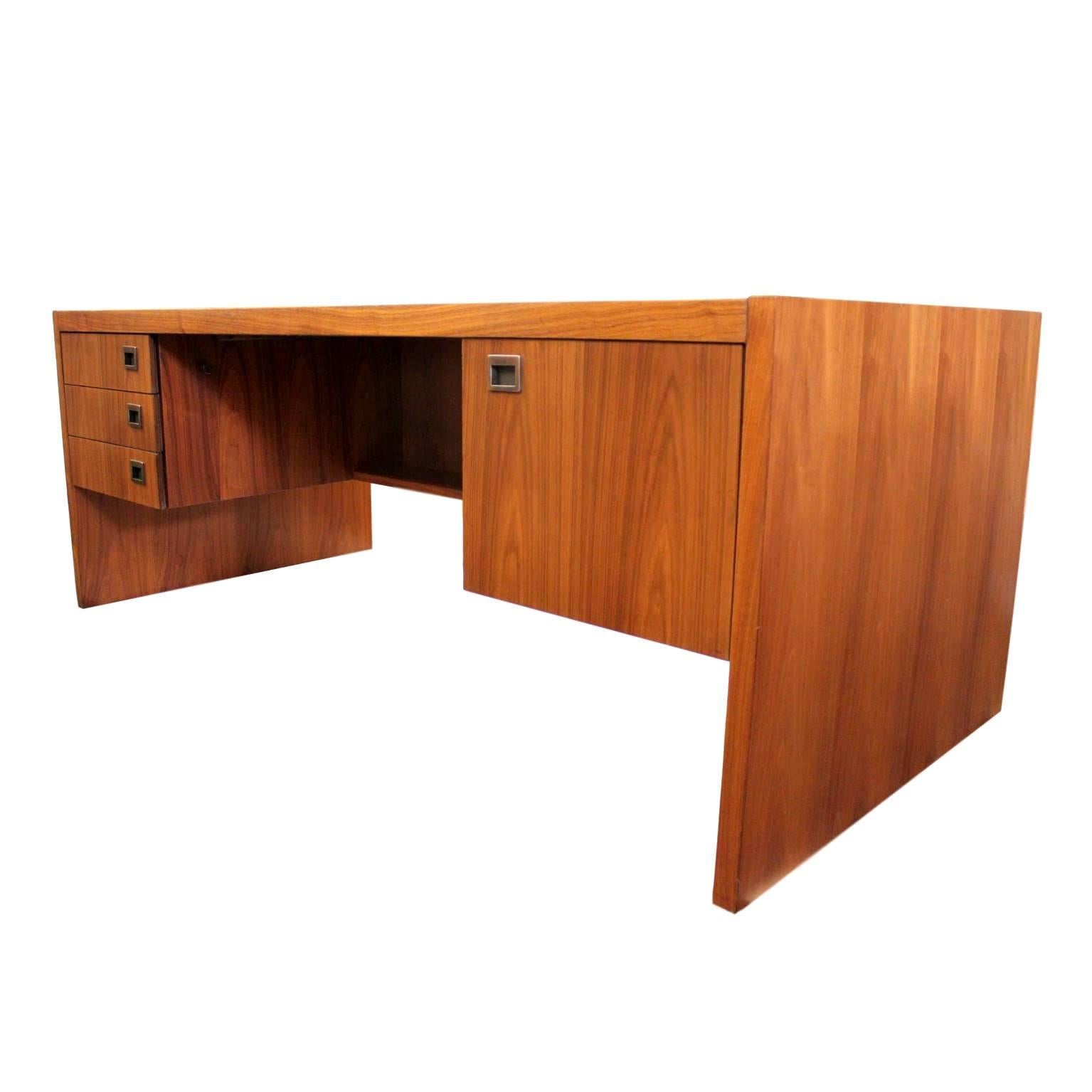 1970's Vintage Mid-Century Modern Minimalist Walnut Executive Desk and Cabinet