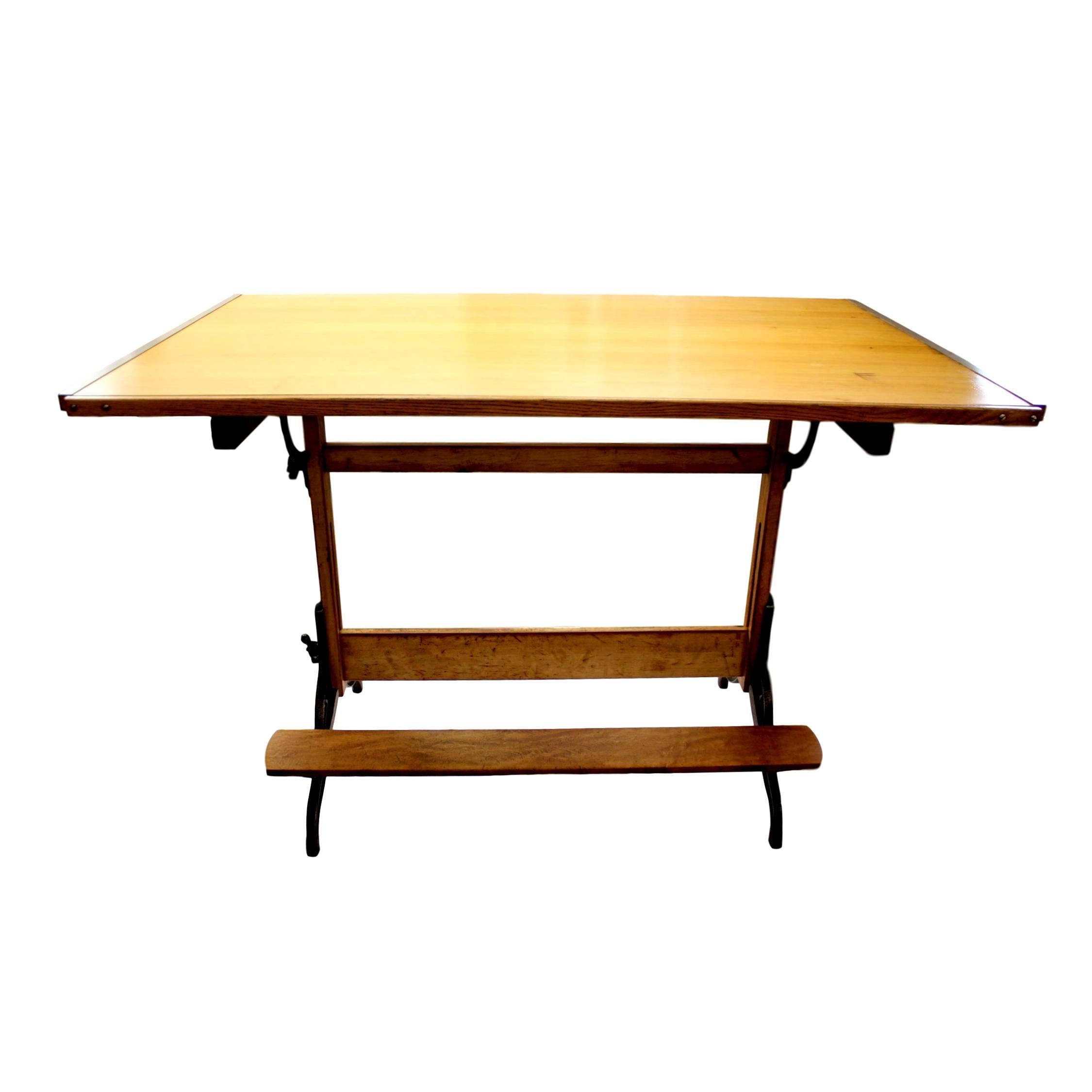 Vintage 1940s Industrial Maple and Iron Drafting Table Kitchen Island In Good Condition In Lafayette, IN