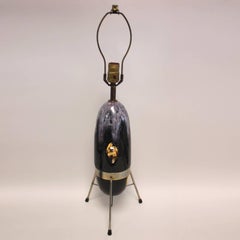 Vintage 1950s Mid-Century Modern Purple Ceramic and Gold Tripod Table Lamp