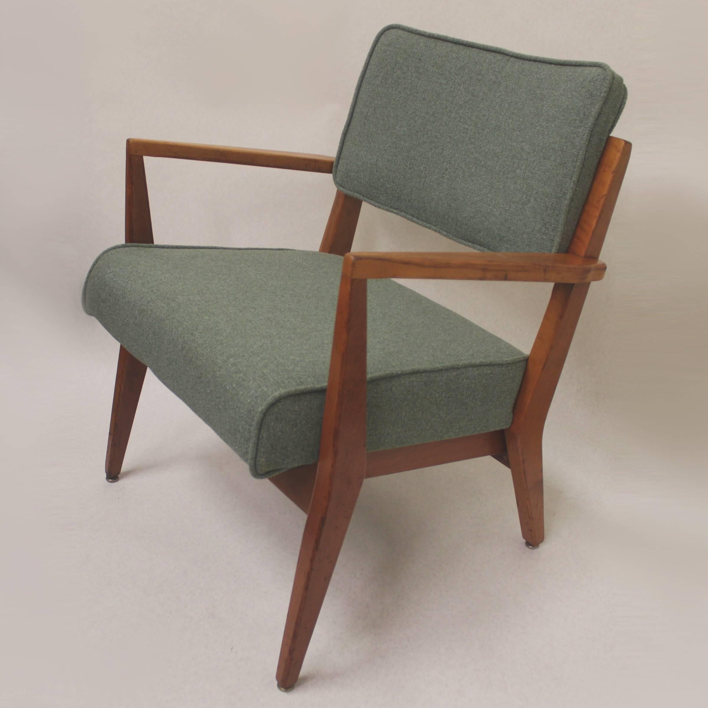 Chair features a solid cherrywood frame and fresh, professionally done upholstery in a vintage 