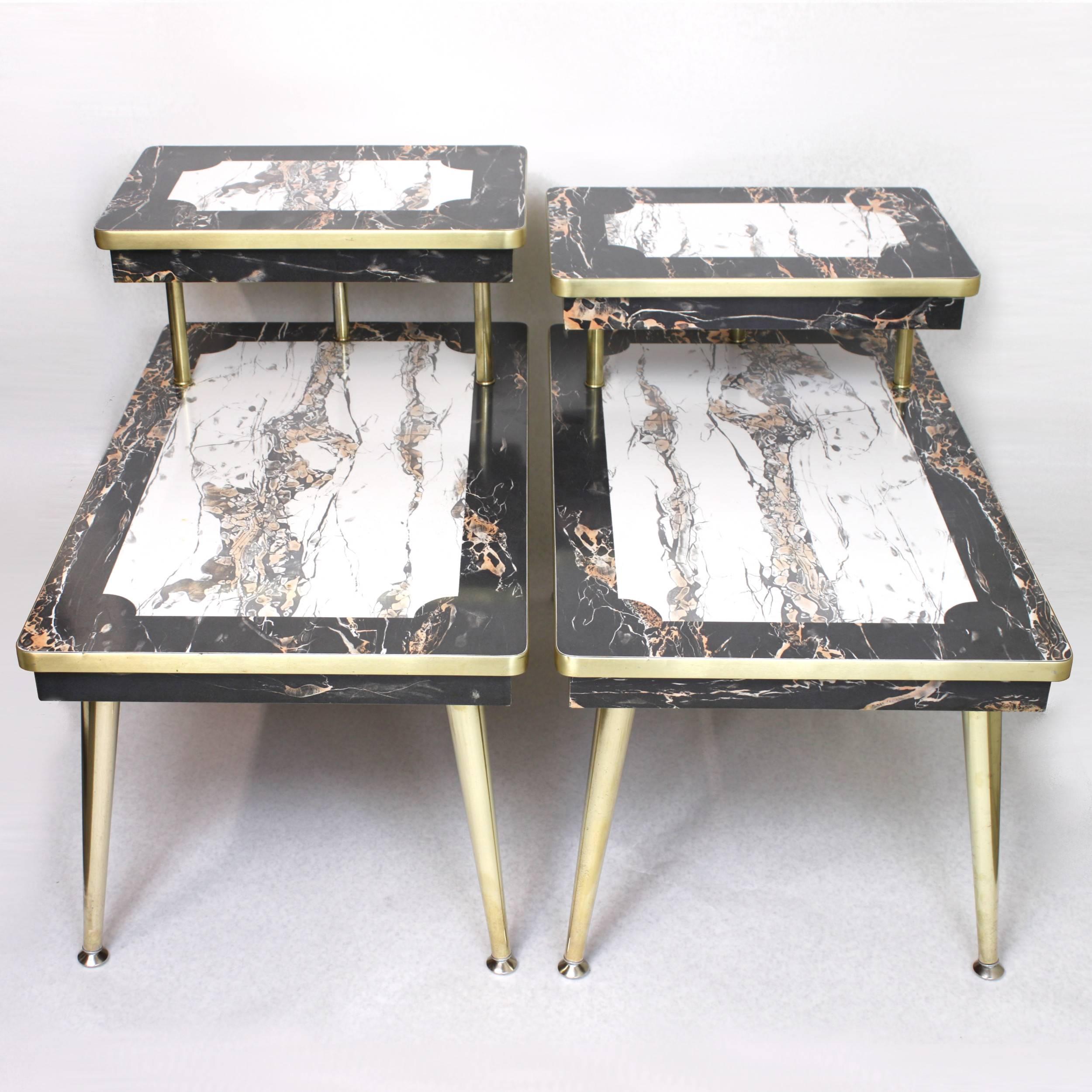 Pair of Matching Mid-Century Modern Black & White Faux-Marble & Brass End Tables 3