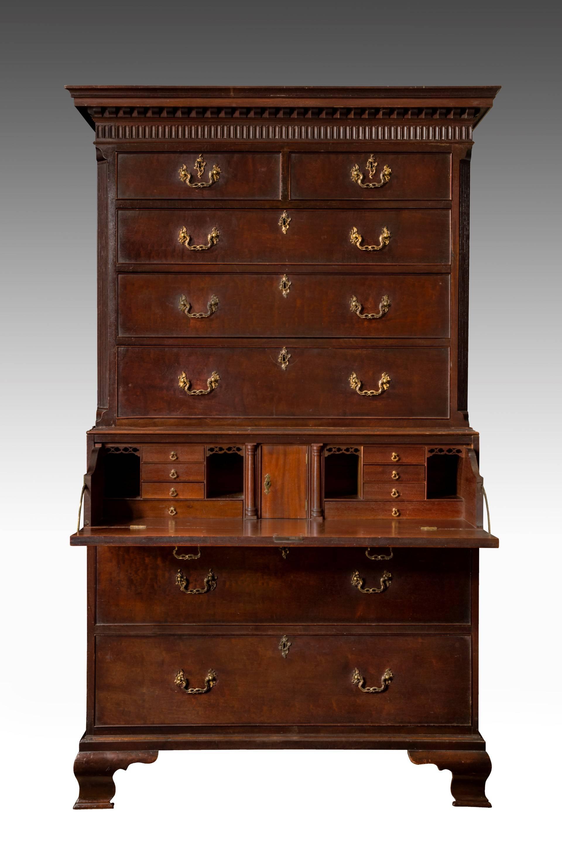 Palladian George II Mahogany Secretaire Chest-on-Chest. For Sale