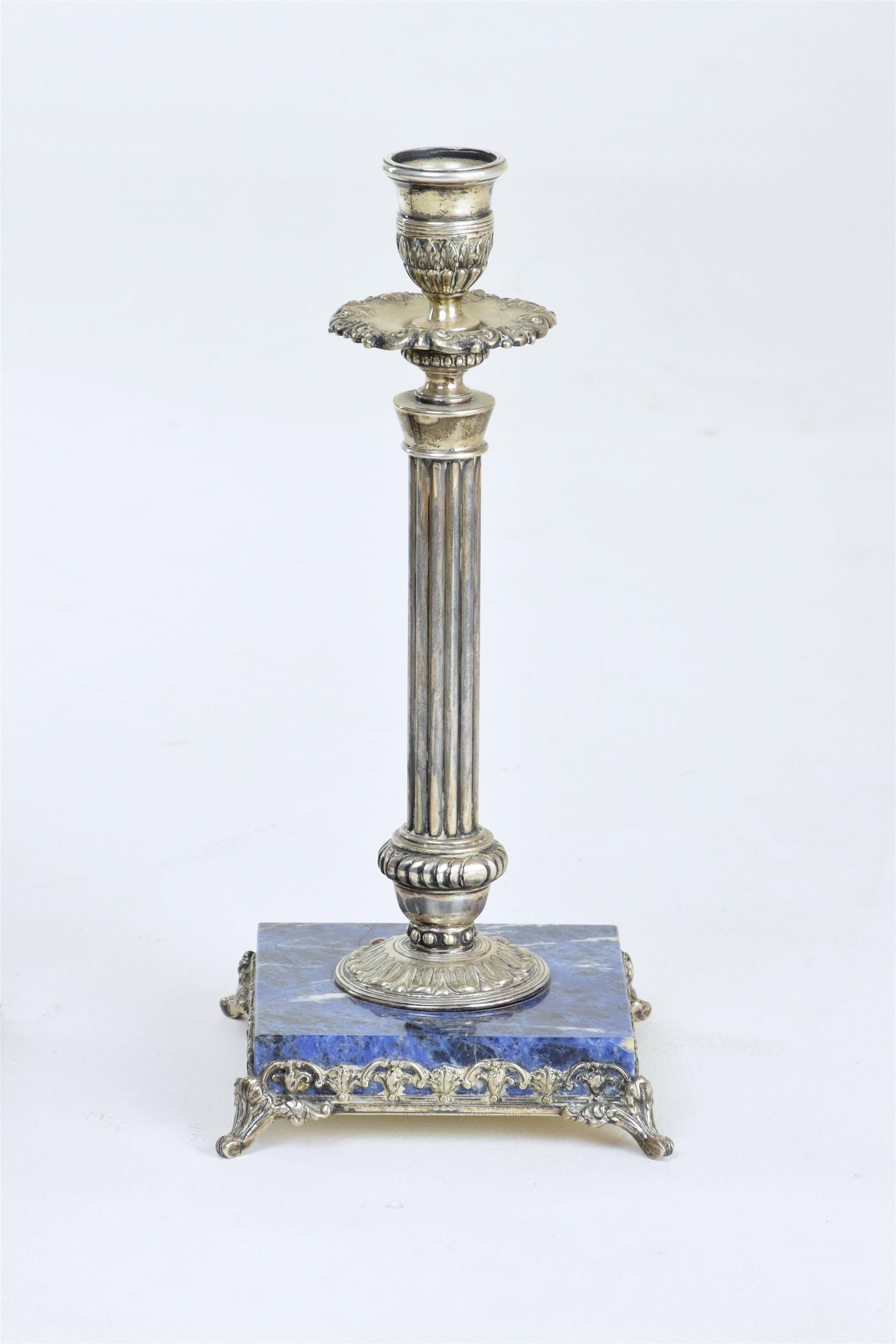 Antique 19th Century Pair of Italian Lapis Lazuli Candlesticks In Good Condition In Paris, FR