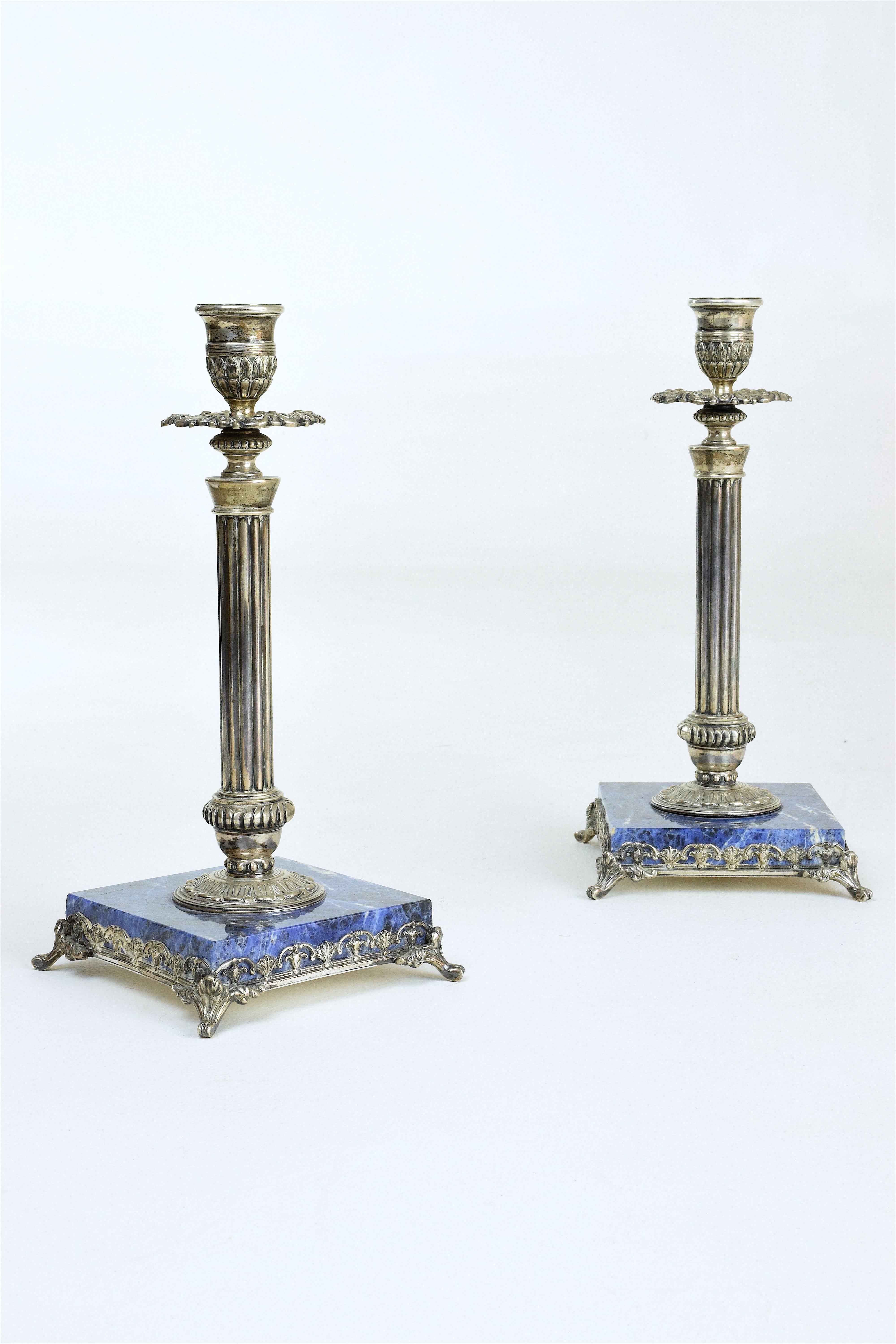 Carved Antique 19th Century Pair of Italian Lapis Lazuli Candlesticks