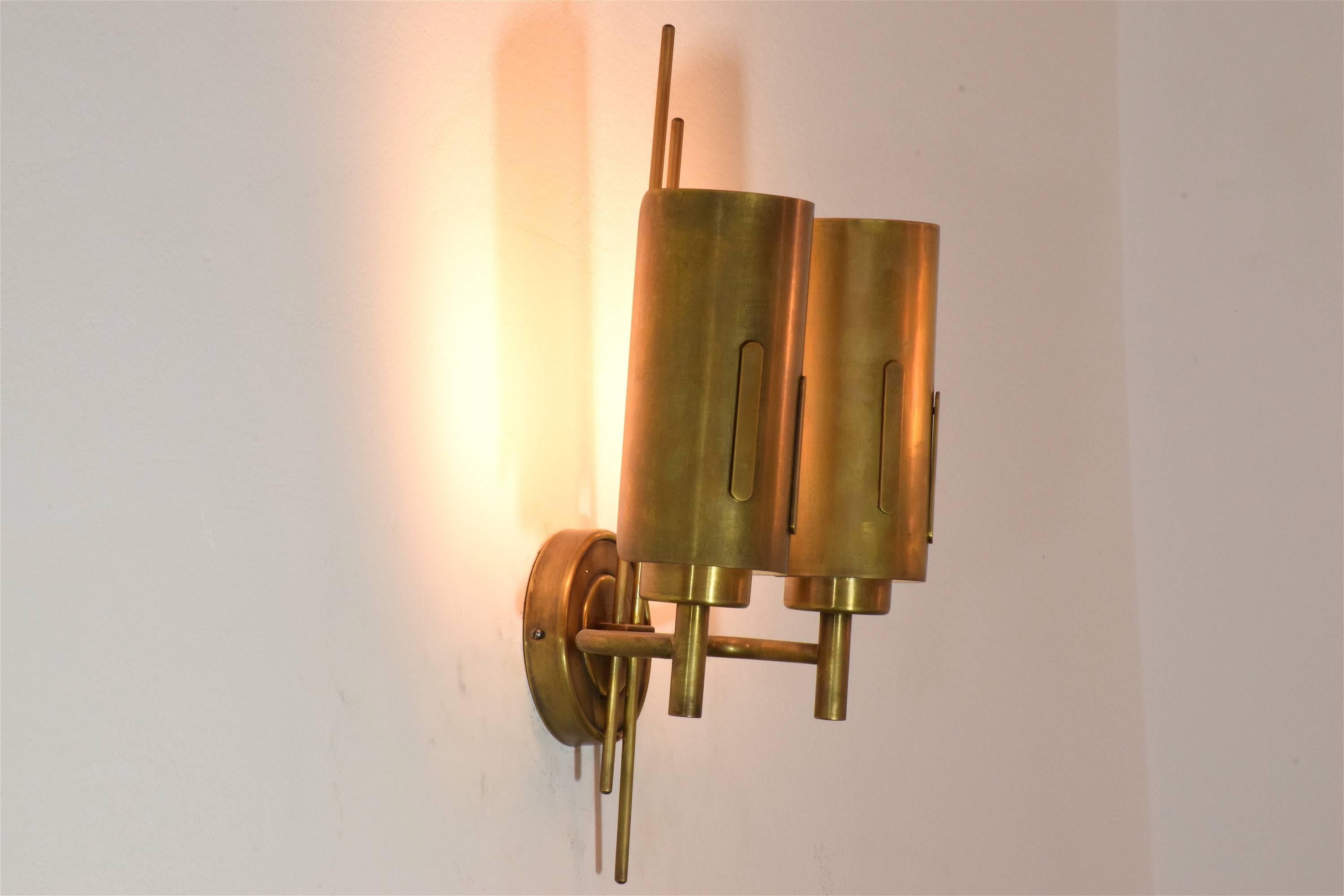 Polished Pair of Italian Mid-Century Brass Wall Sconces, 1950's 