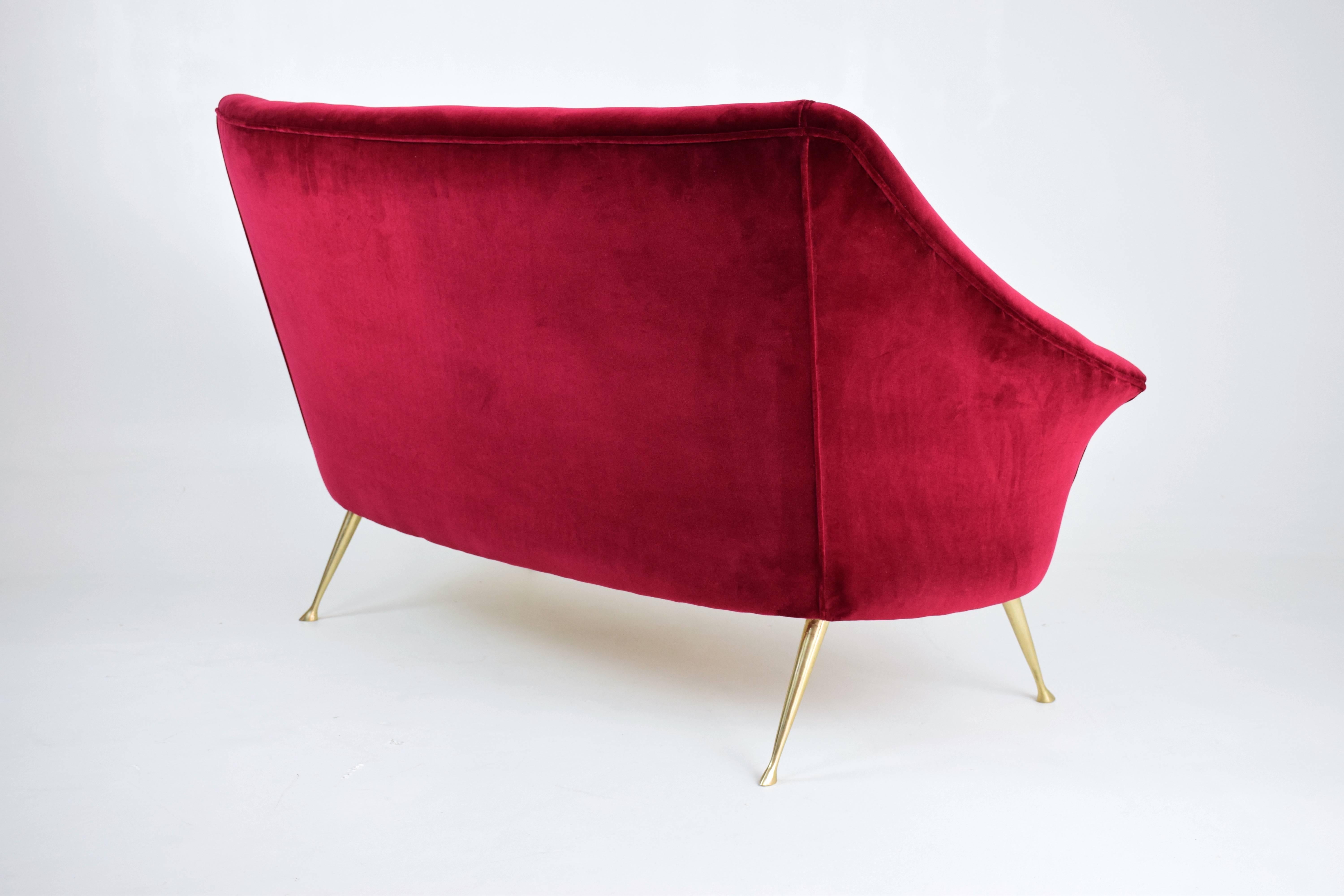 Brass Italian Midcentury Velvet Sofa in the Manner of Ico Parisi, 1950s