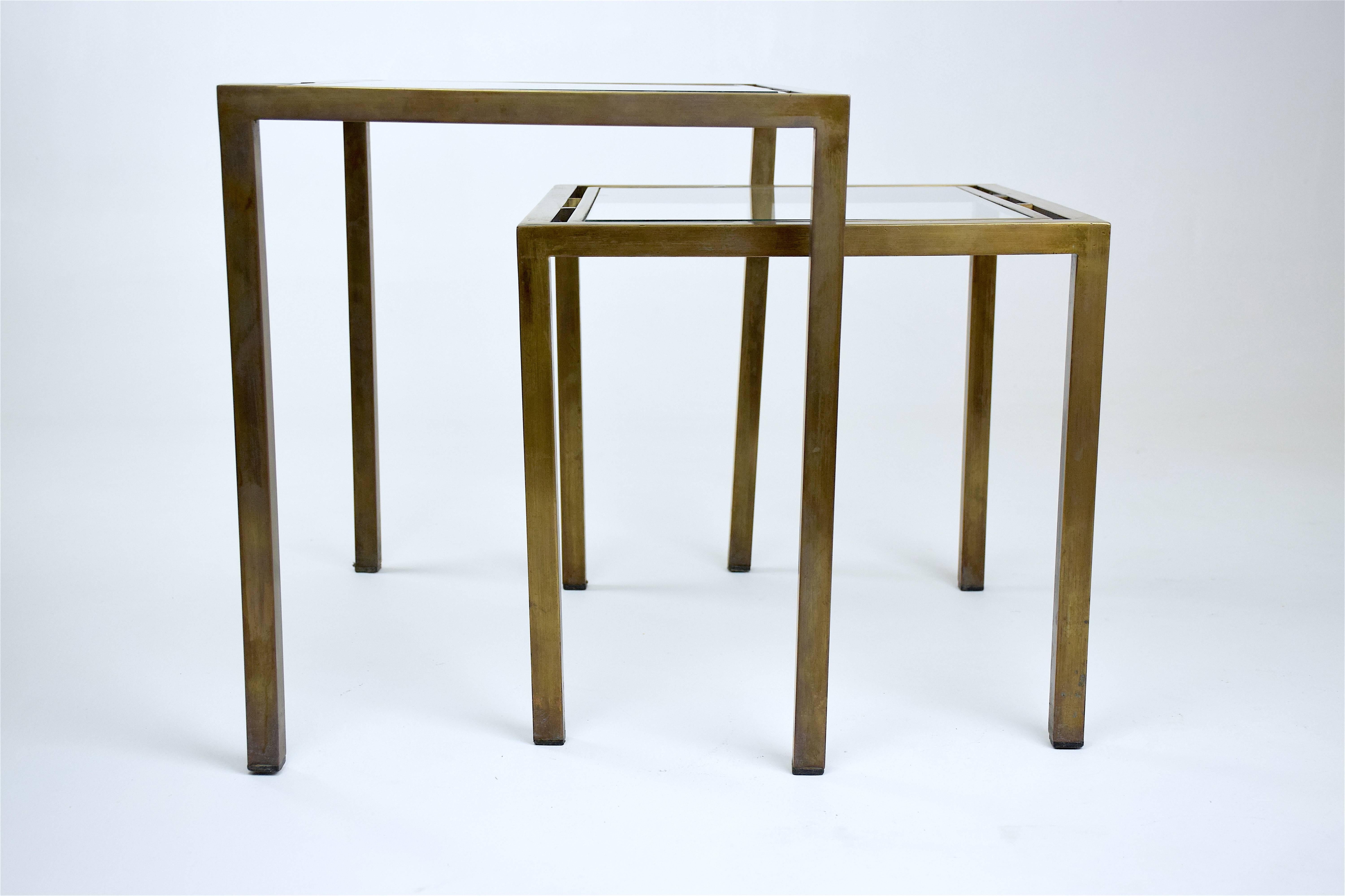 Patinated Pair of French Brass Nesting Side Tables, 1970s
