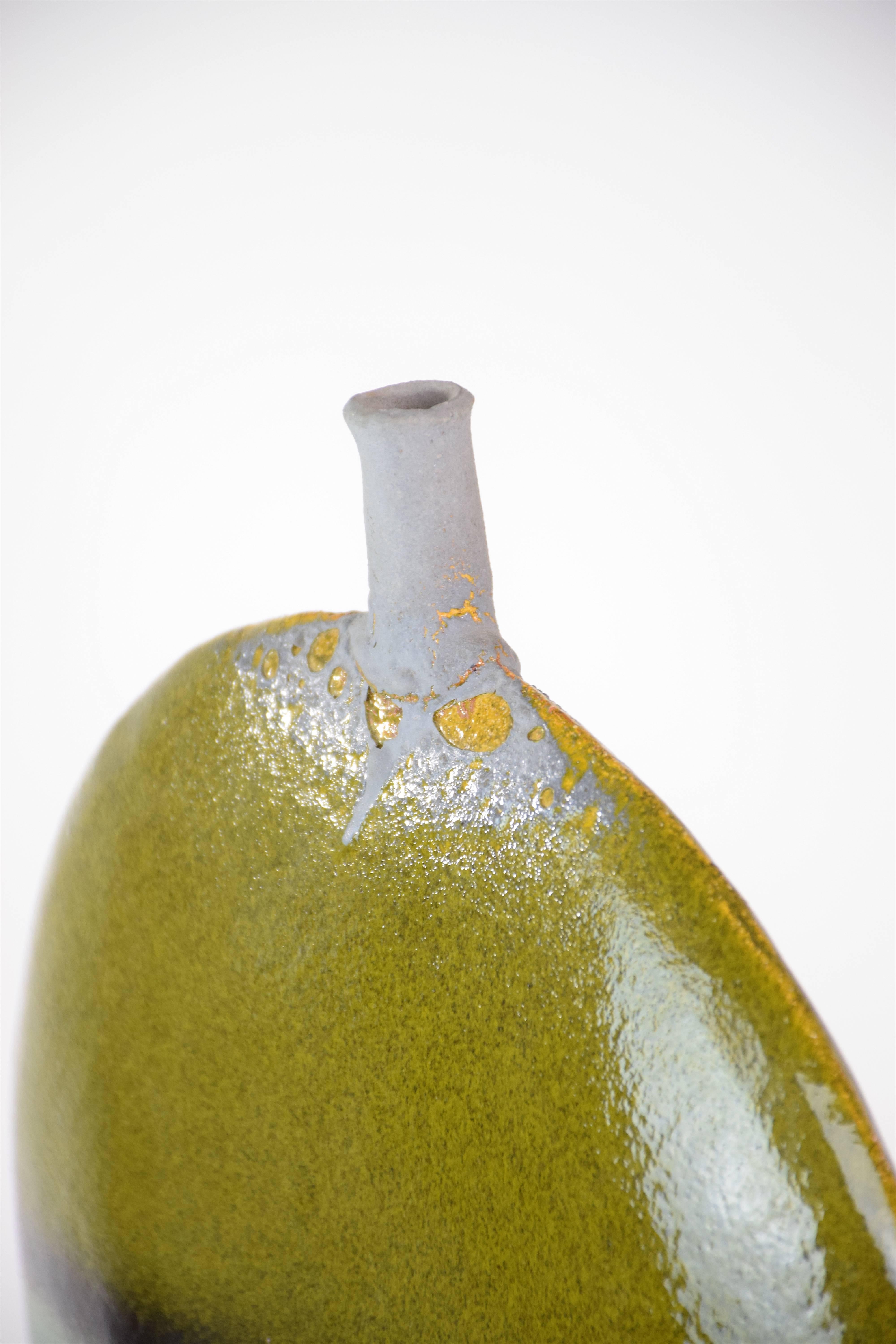 French Vintage Midcentury Gold Leaf Ceramic Vase, 1970s 1