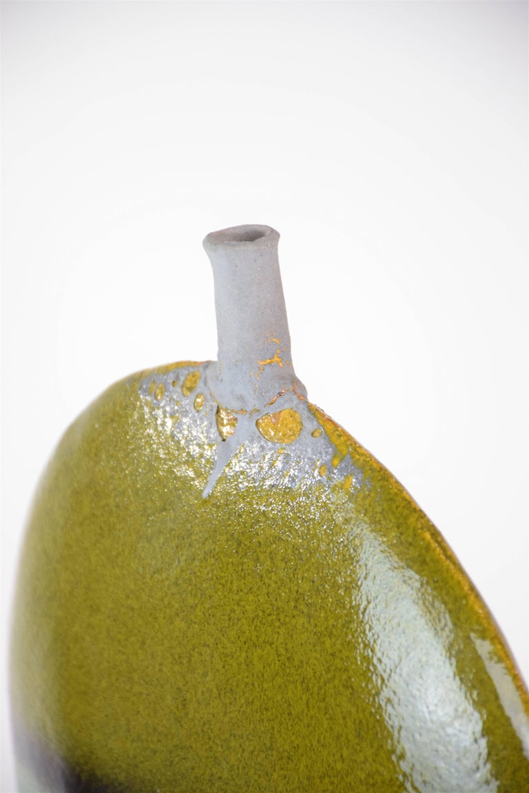 French Vintage Midcentury Gold Leaf Ceramic Vase, 1970s For Sale 1