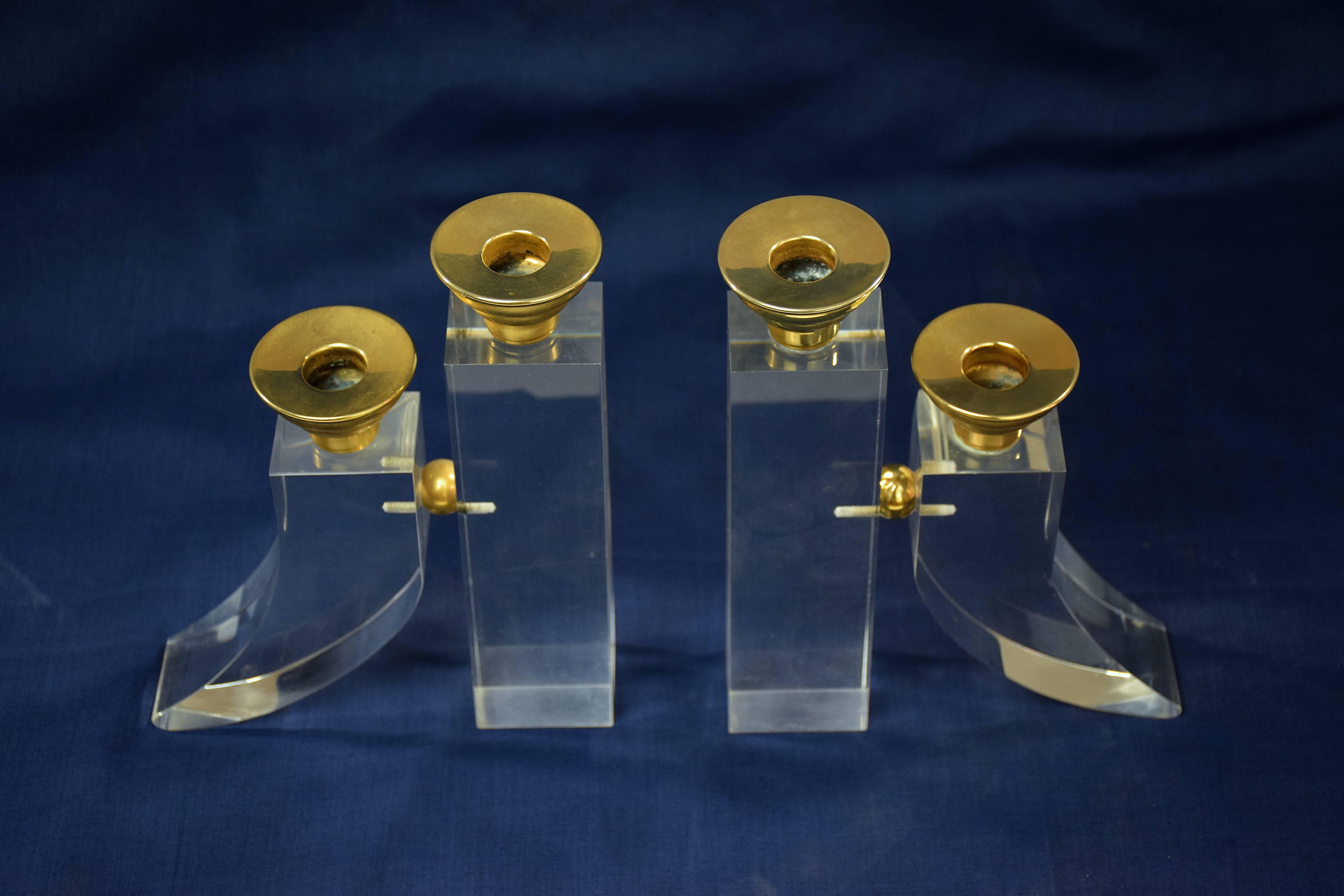 Brass French Pair of Vintage Plexiglass Candlesticks or Bookends, 1970s