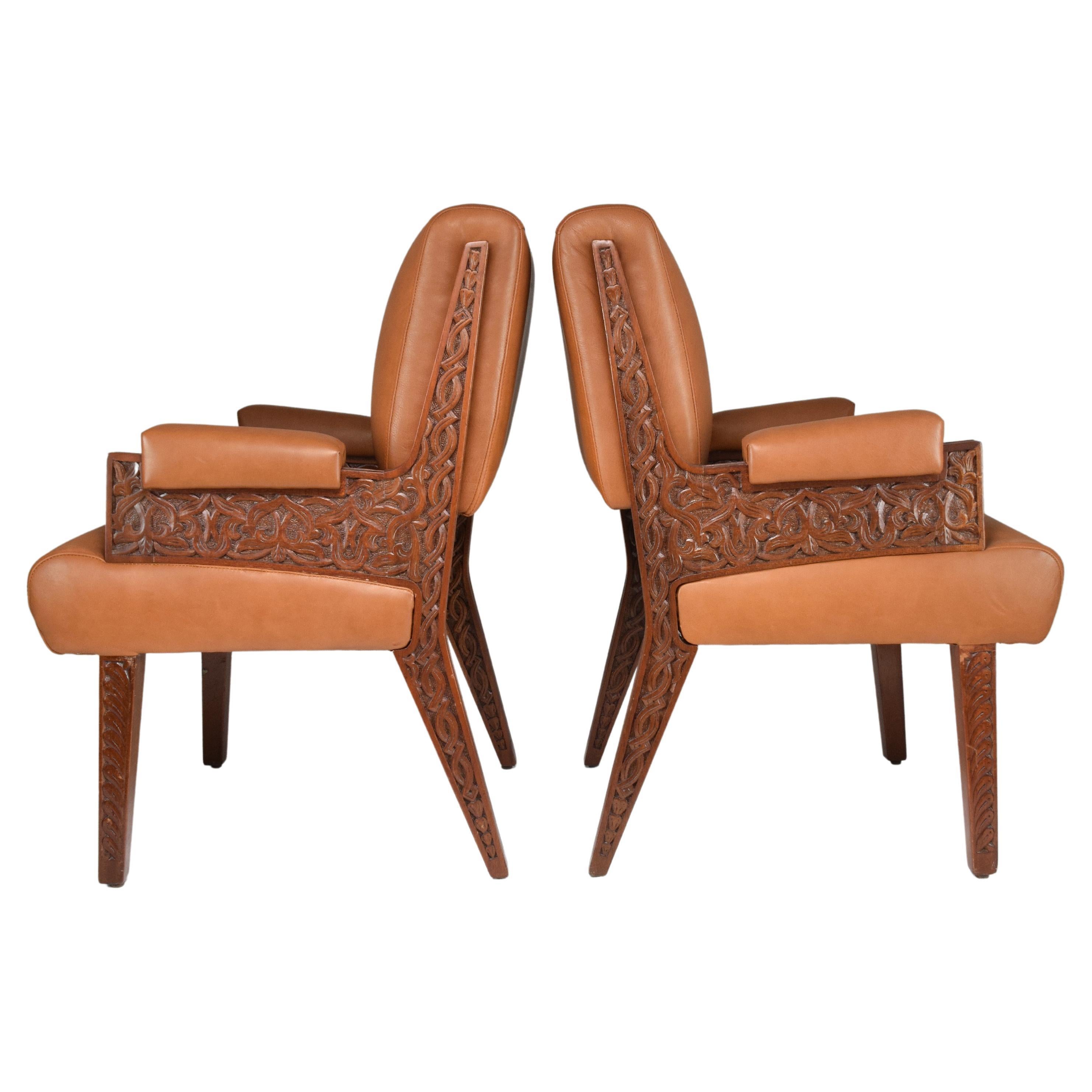 1950's Two Collectible Oriental Art Deco Style Sculpted Armchairs 